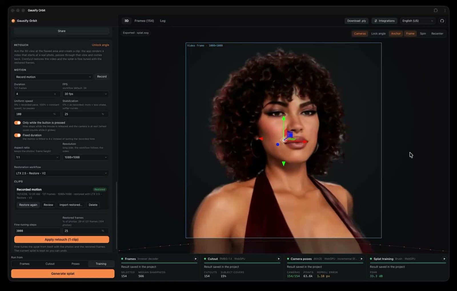 Интерфейс Gausify Orbit с предпросмотром 3D-сцены, настройками движения камеры и кнопкой генерации Gaussian Splat.