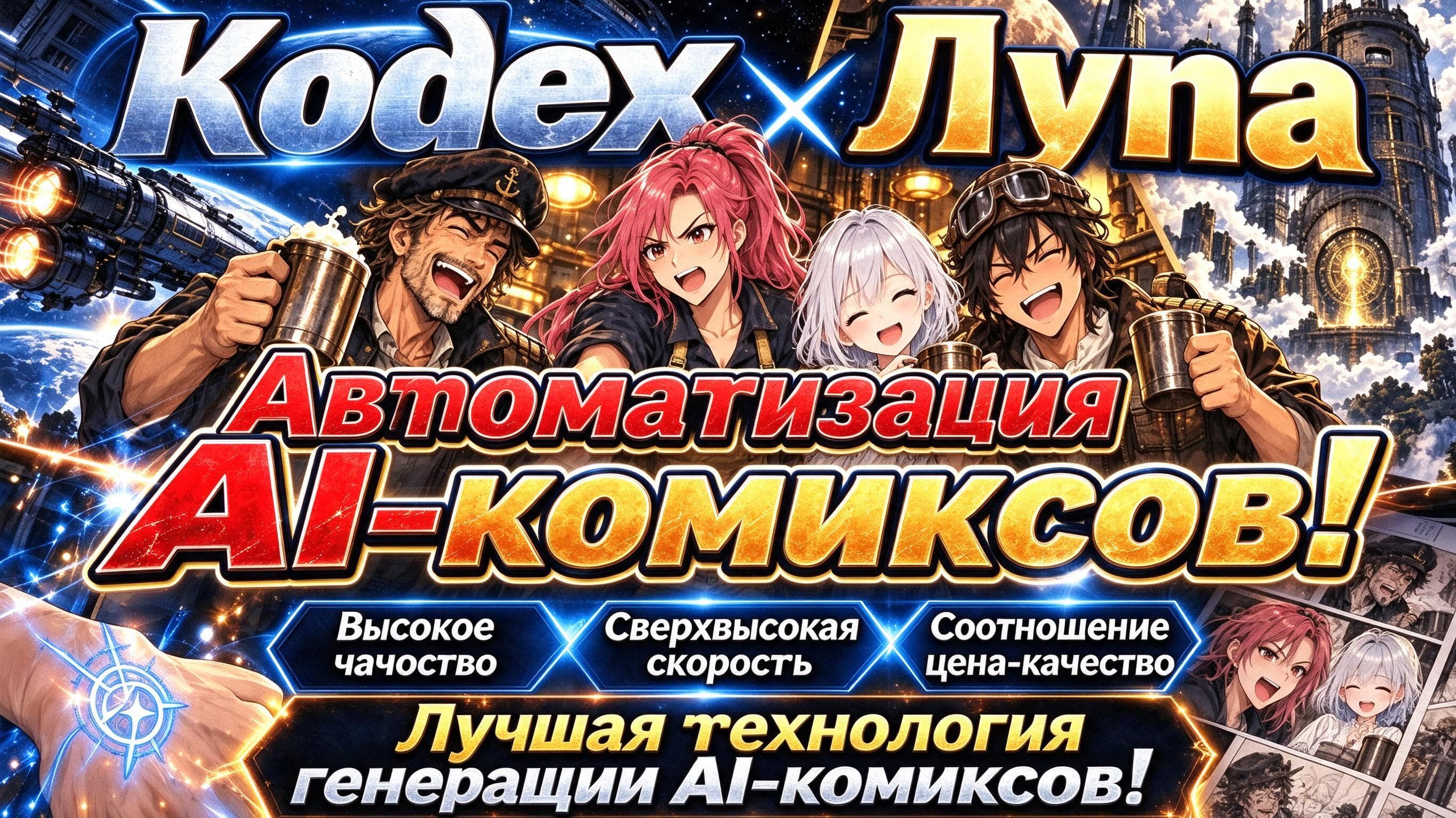 Промо-иллюстрация Codex × Luna с героями манги и японской надписью об автоматизации создания ИИ-манги.