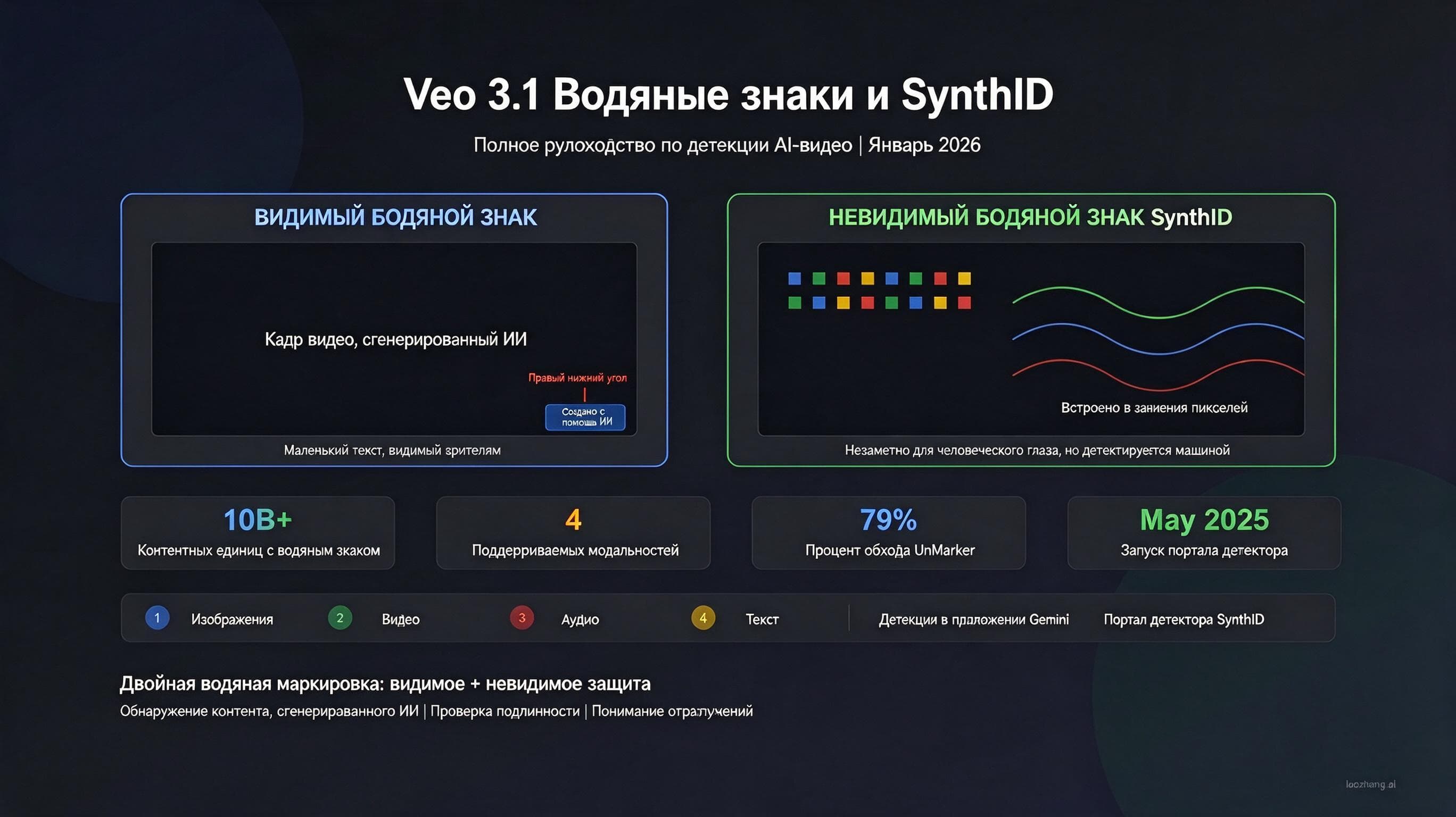 Инфографика сравнивает видимый водяной знак Veo 3.1 с невидимым SynthID, автоматически встраиваемым в AI-видео.