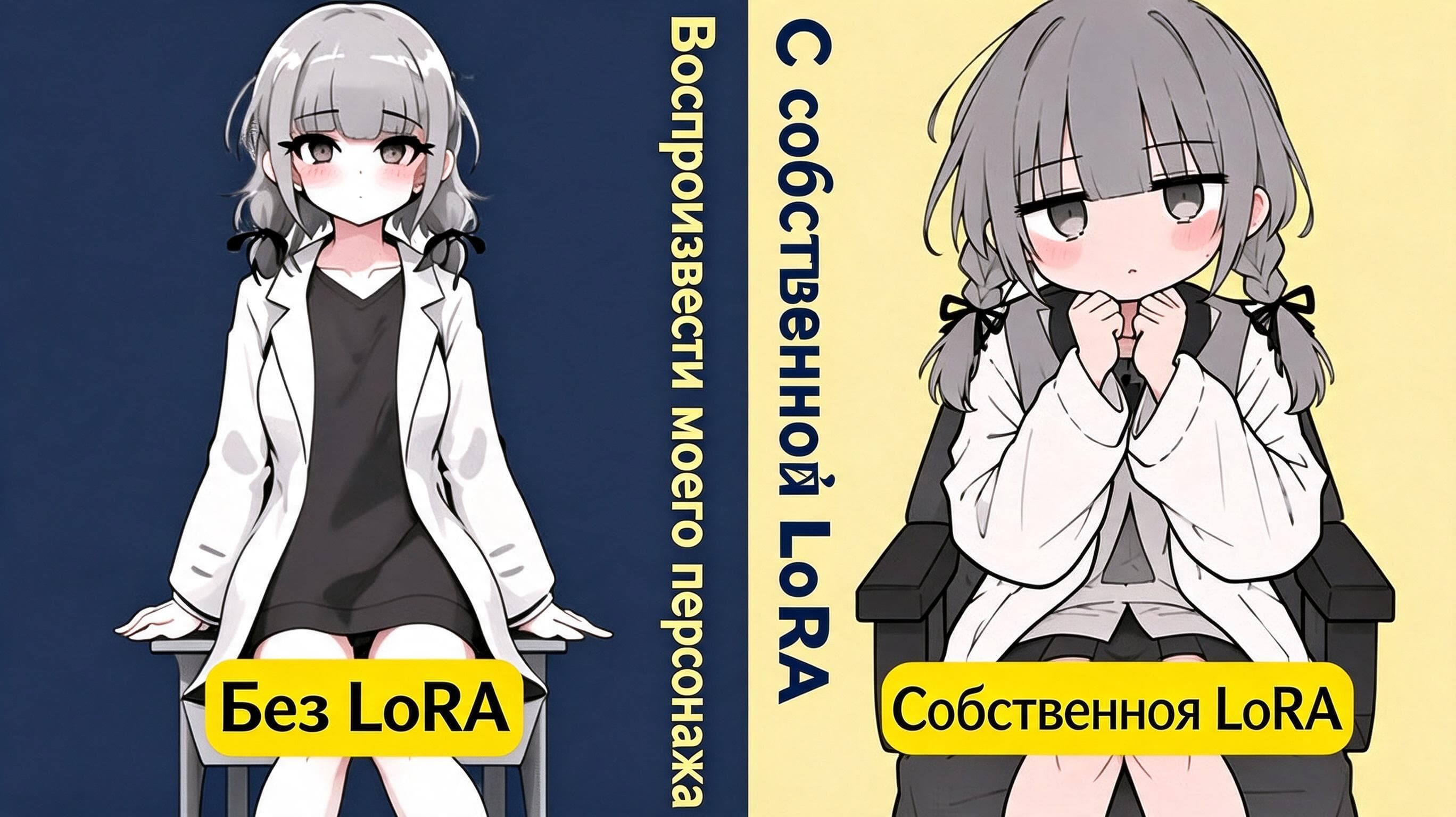 Сравнение персонажа без LoRA и с собственной LoRA, обученной для воспроизведения одного персонажа.