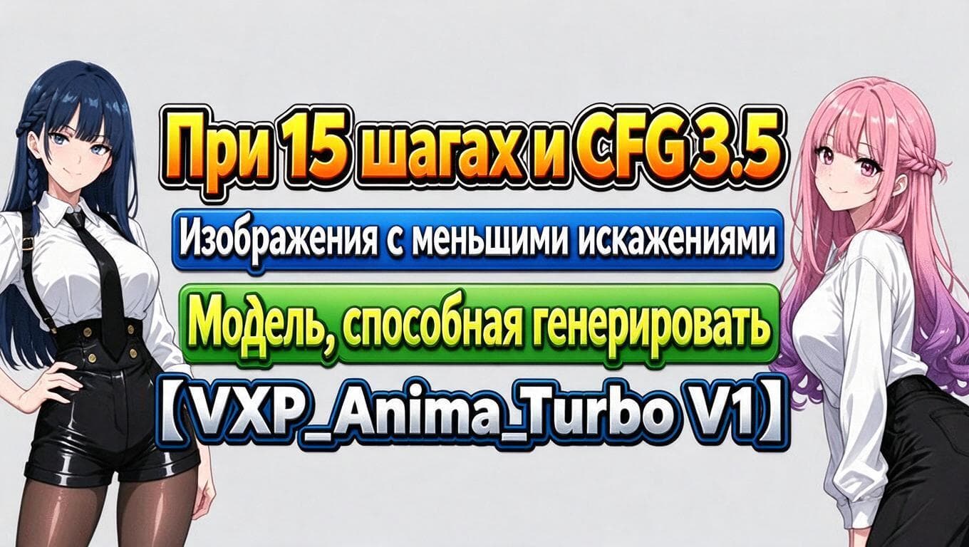 Обложка материала о VXP_Anima_Turbo V1: аниме-персонажи и надпись о генерации стабильных изображений при 15 шагах и CFG 3.5.