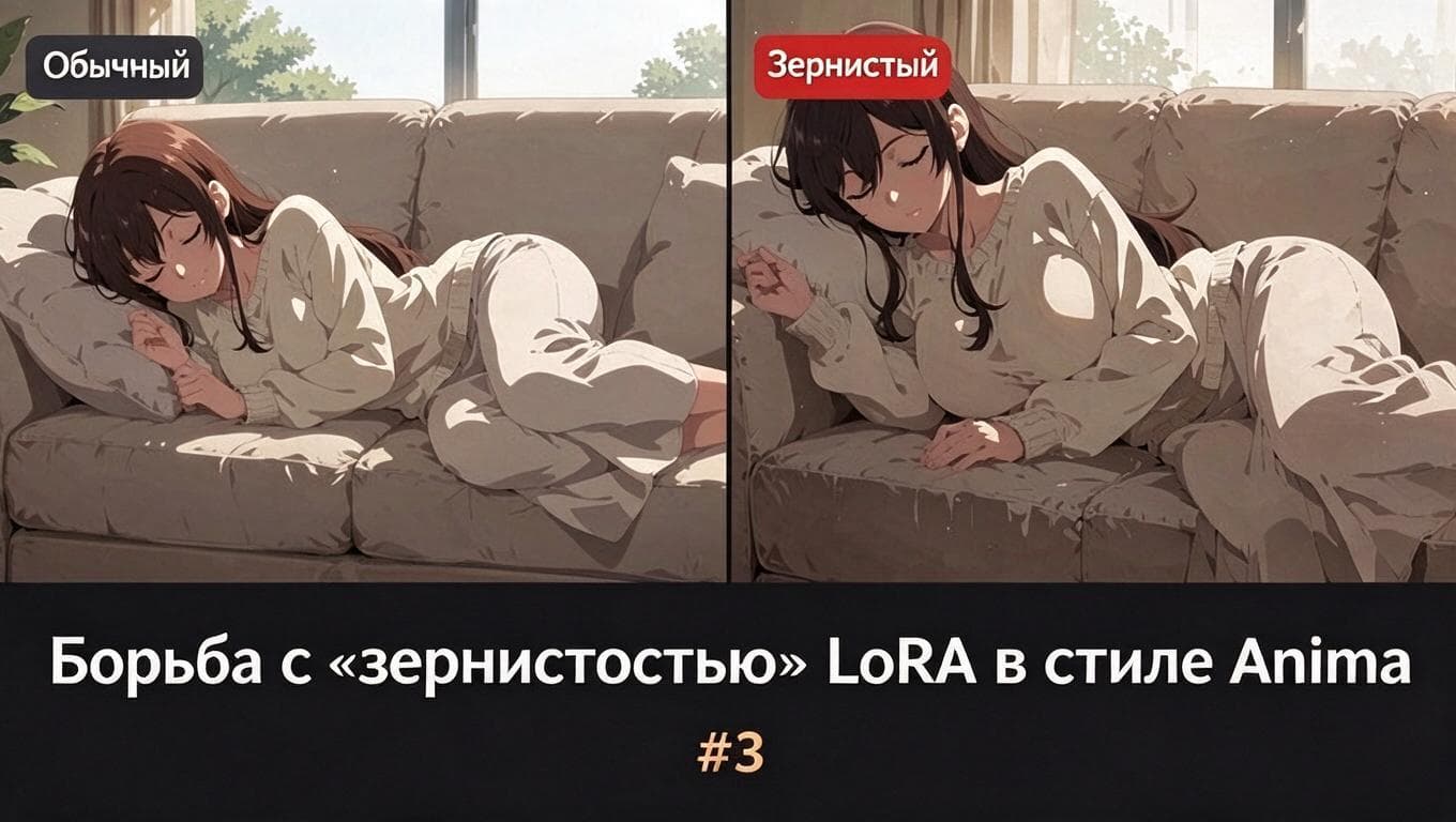 Сравнение обычного изображения и варианта с усиленными артефактами «габигаби» в Anima LoRA.