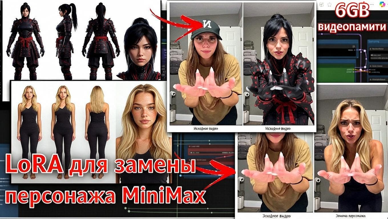 Коллаж показывает исходное видео и результат замены персонажа с сохранением поз и движений, что соответствует работе LoRA для MiniMax H3.