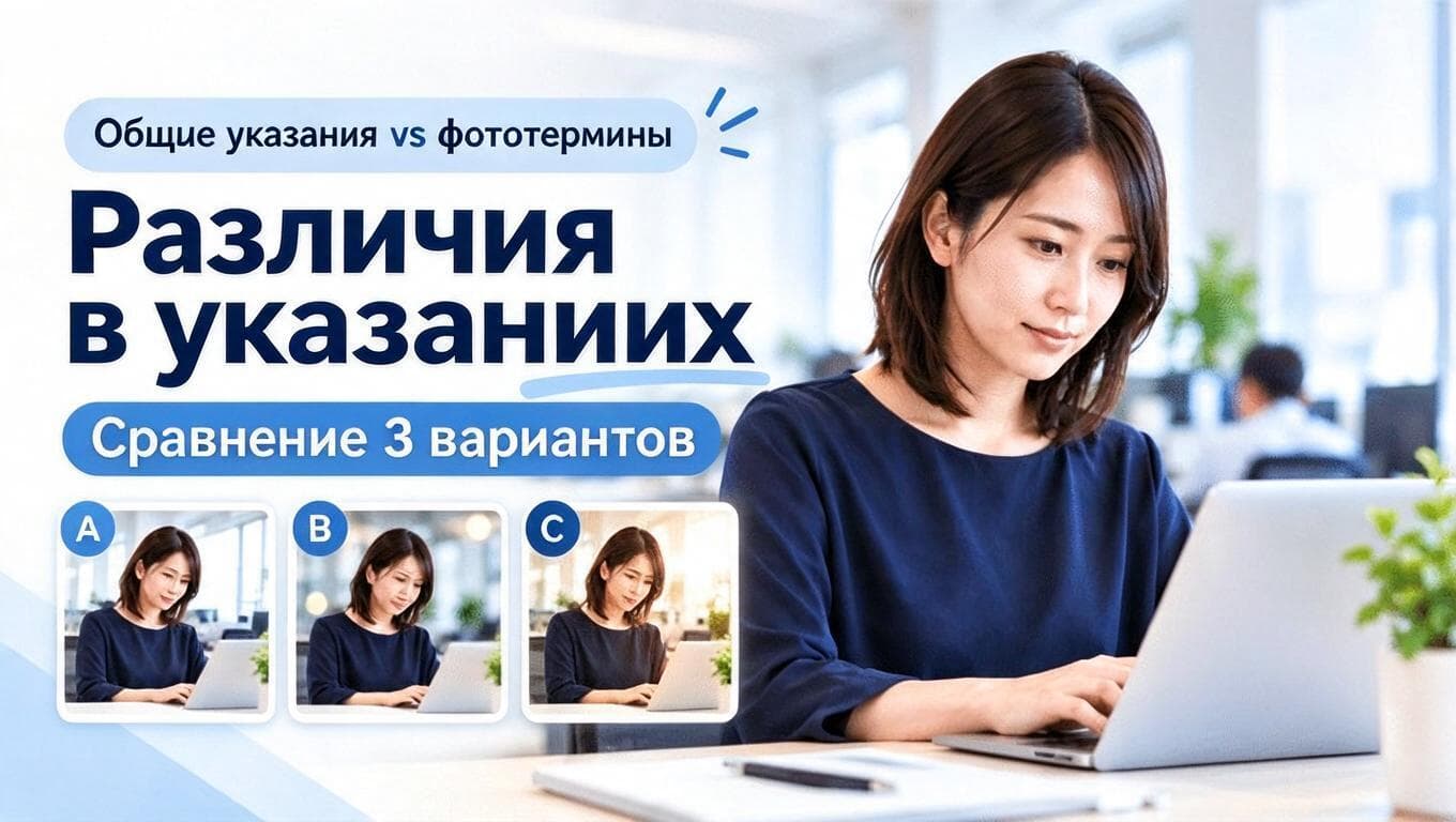 Сравнение трёх вариантов промптов: общие указания и фототермины влияют на композицию и результат генерации.