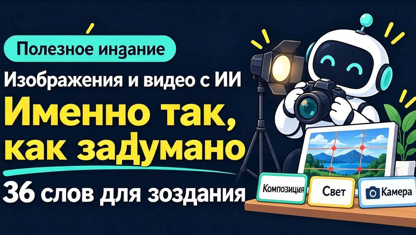Иллюстрация гайда: робот-фотограф показывает изображение с направляющими и термины для управления композицией, светом и камерой.
