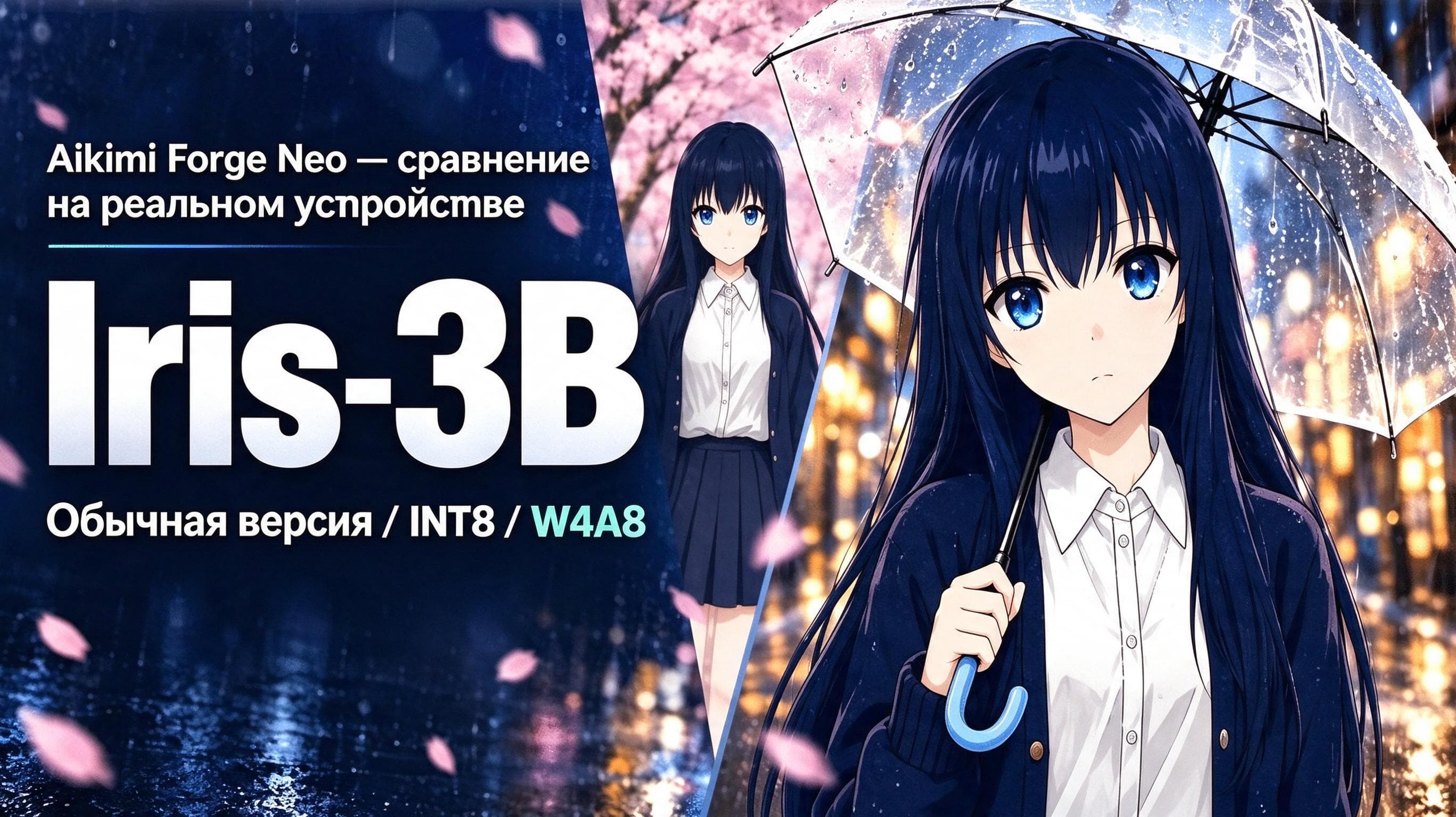 Сравнение Iris-3B в обычном режиме, INT8 и W4A8 сопровождается изображением аниме-персонажа.