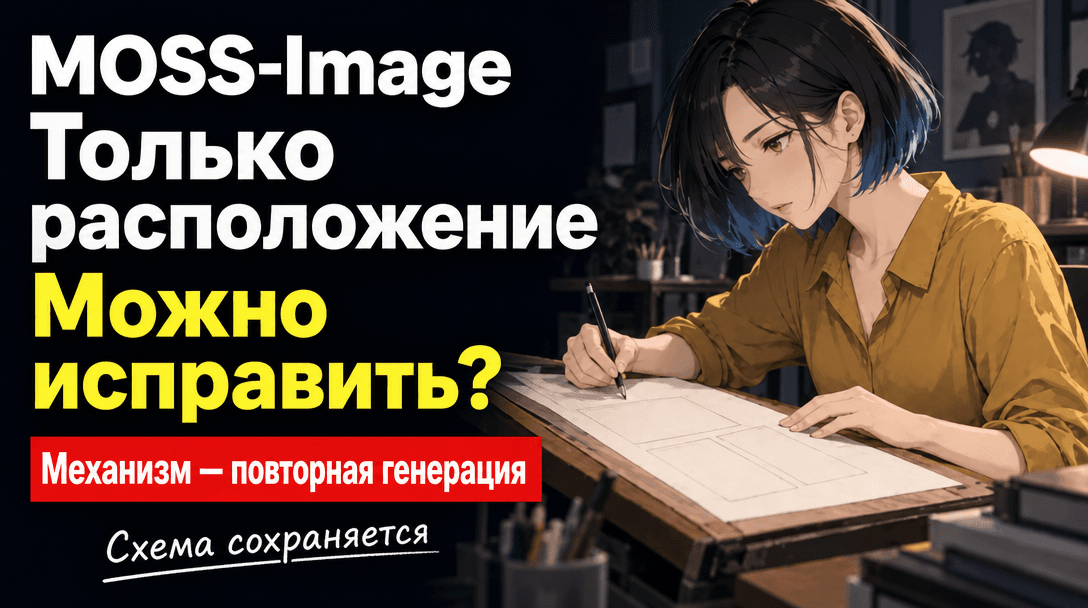 Иллюстрация MOSS-Image: девушка работает над схемой, а надписи сообщают о настройке расположения и повторной генерации.
