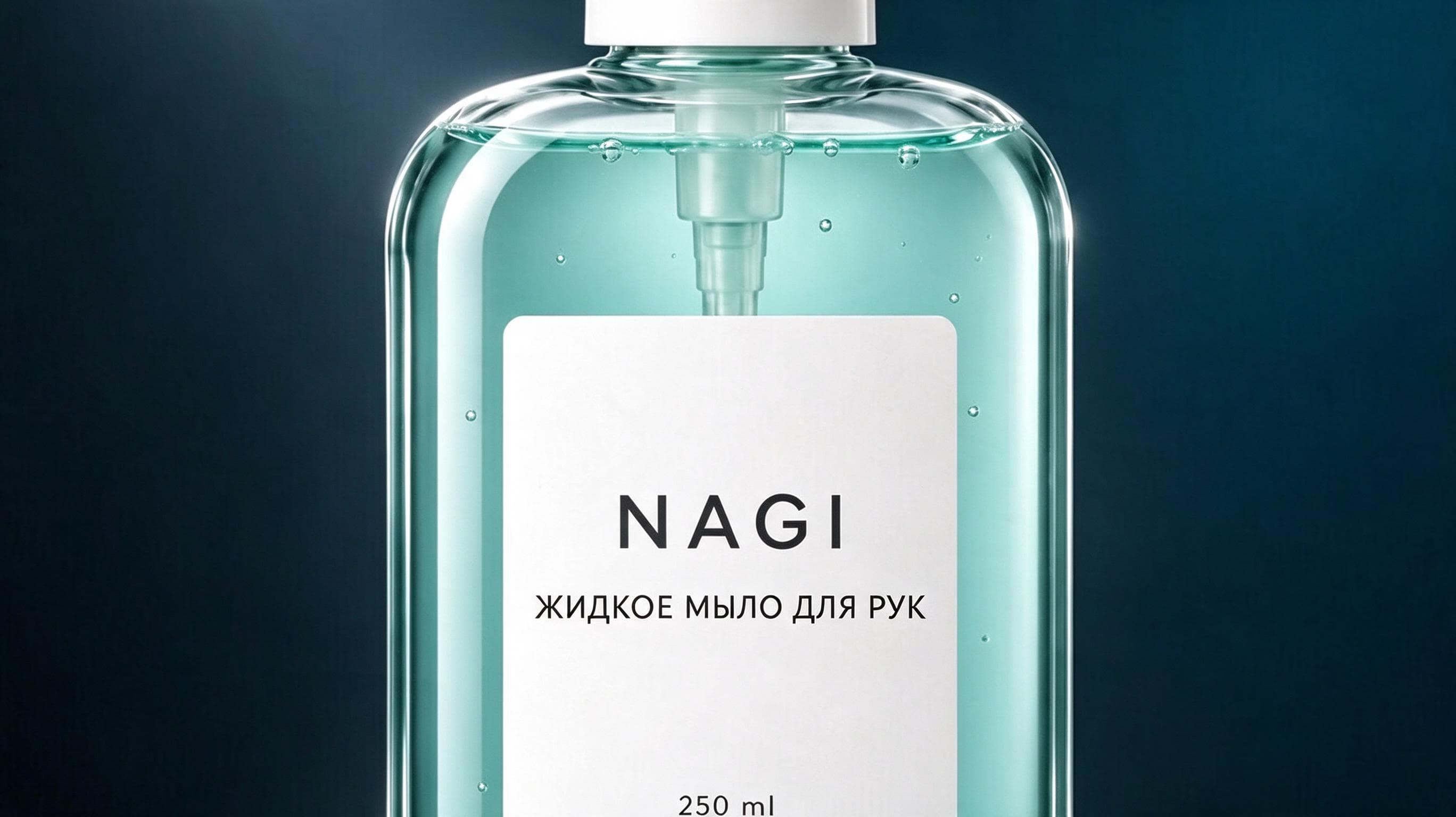 Рекламный визуал с флаконом жидкого мыла NAGI на тёмном фоне — один из вариантов оформления товара.