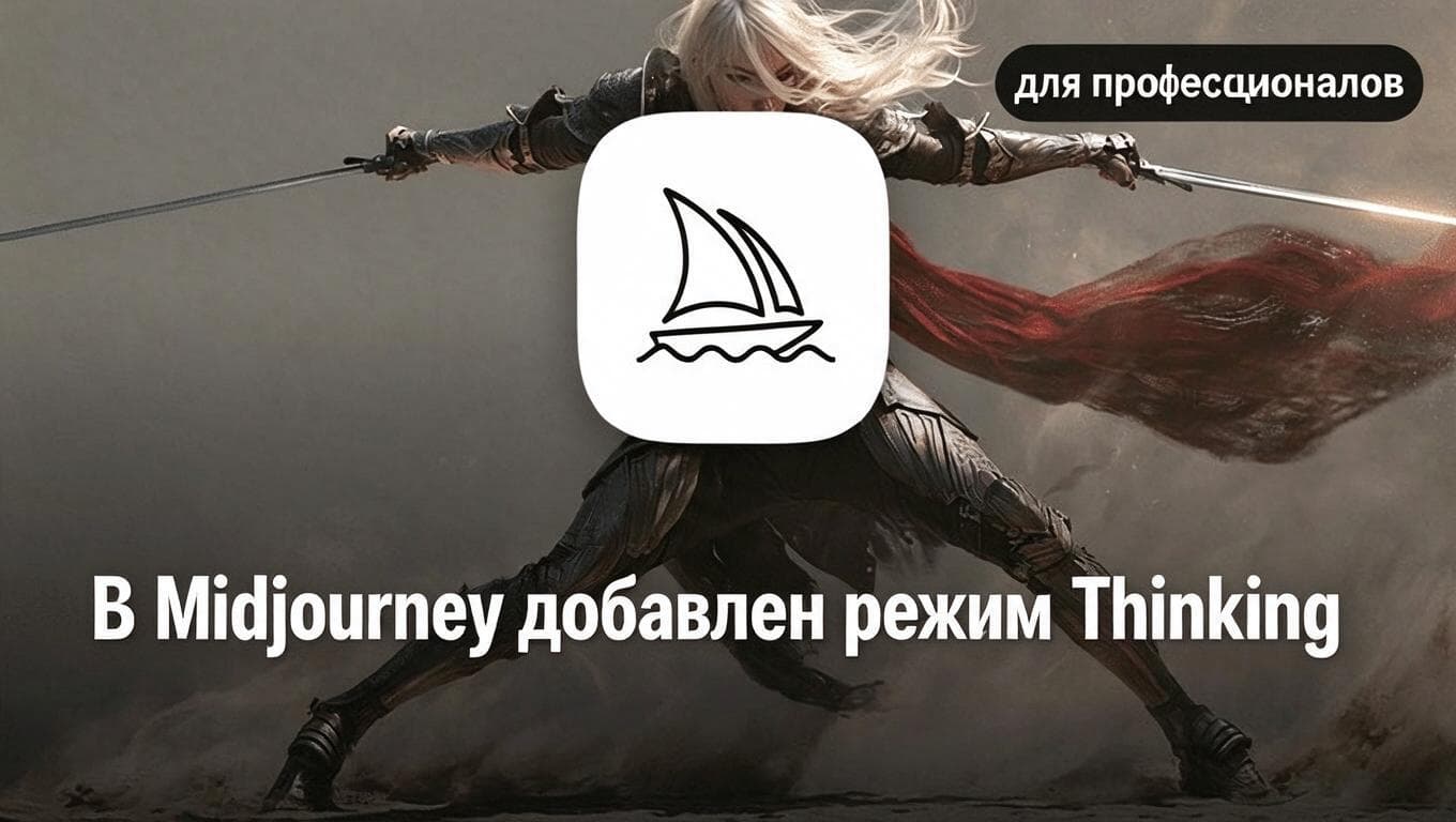 Промо-иллюстрация Midjourney с надписью о добавлении Thinking mode, связанная с проверкой и перегенерацией кадров.