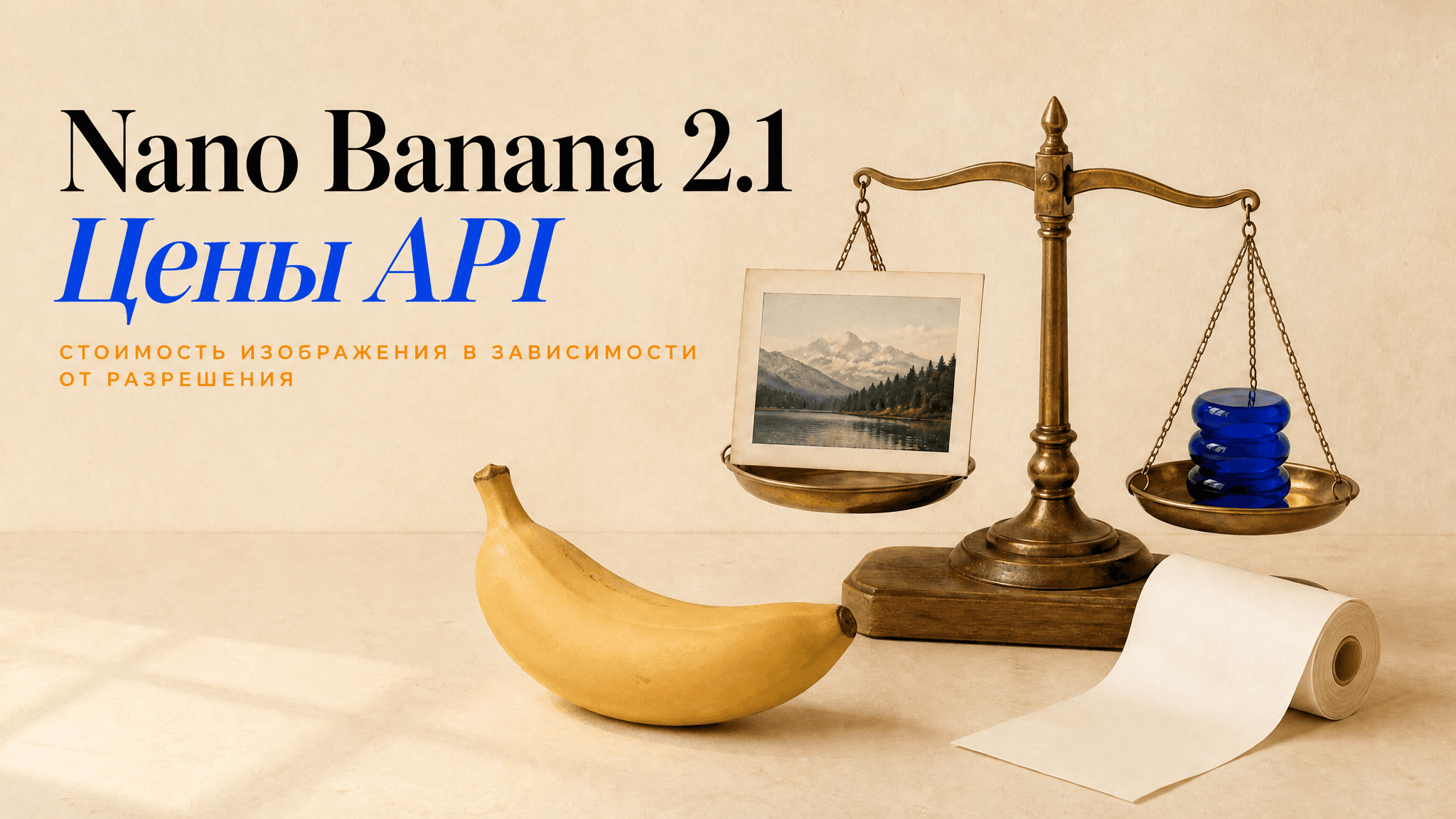 Визуальная метафора стоимости Nano Banana 2.1: весы сопоставляют изображение и бананы, а заголовок указывает на цены API по разрешению.