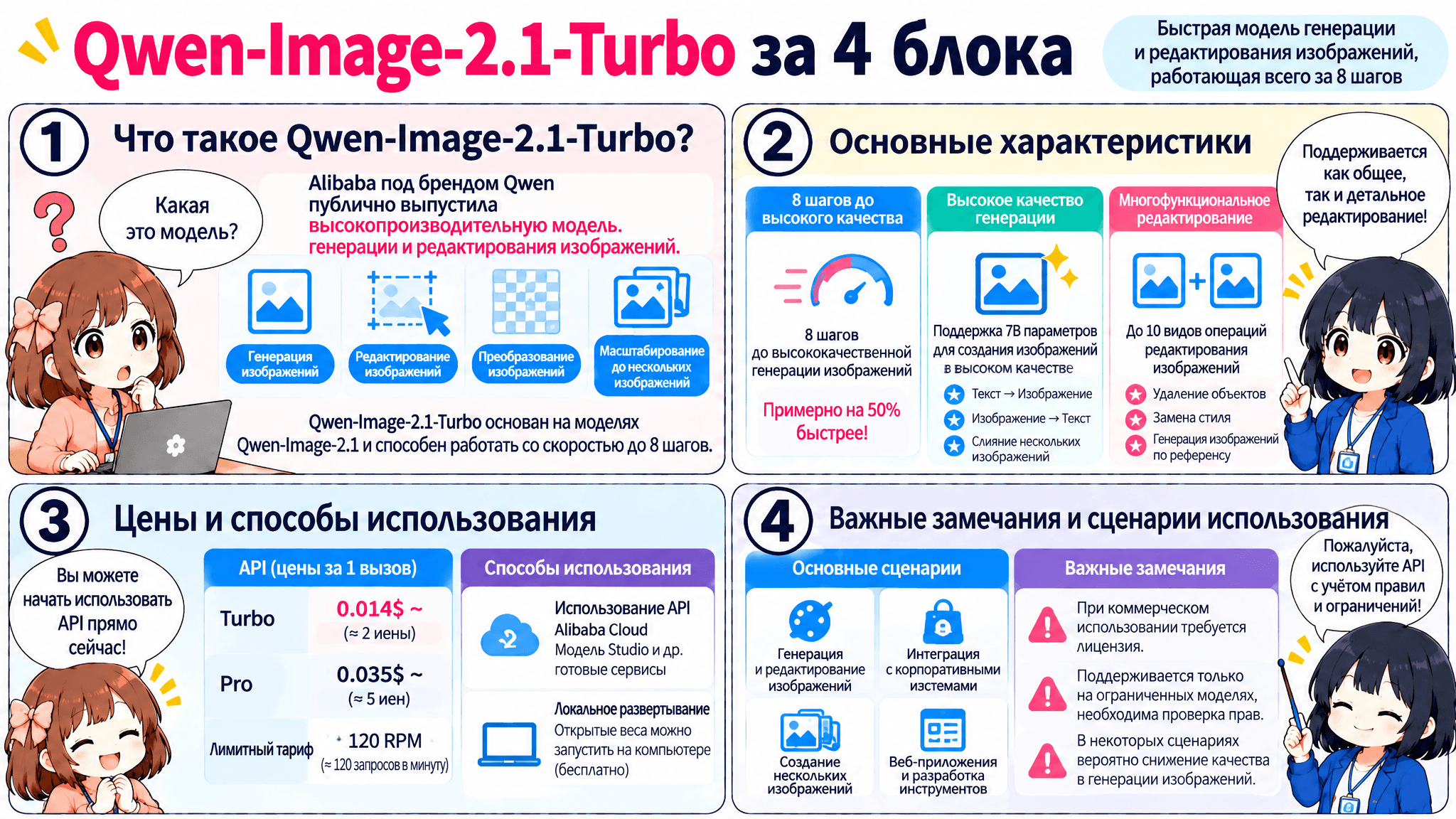 Японская инфографика о Qwen-Image-2.1-Turbo: генерация за 8 шагов, API и локальный запуск, функции, цены и необходимость лицензии для коммерции.