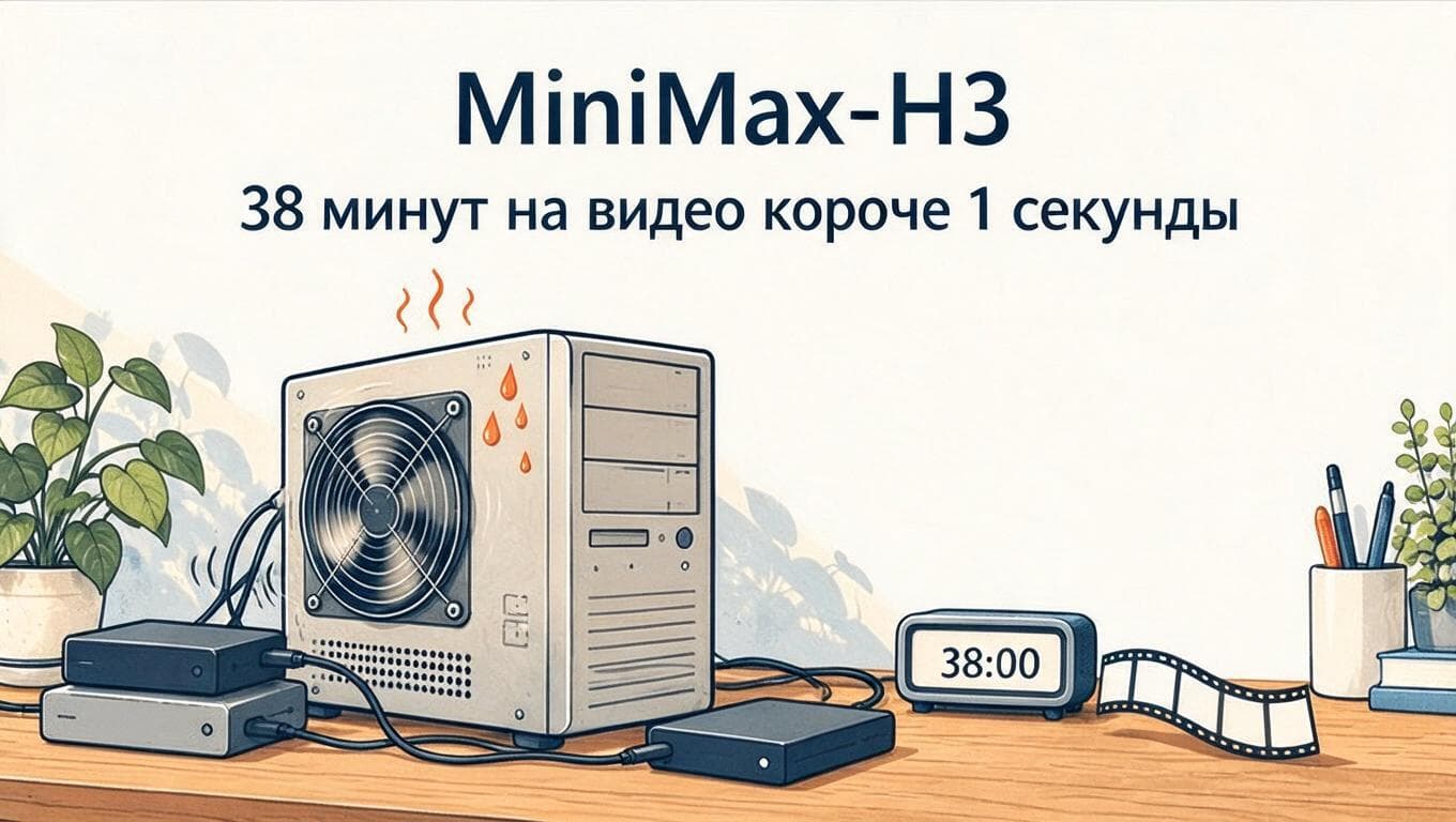 Иллюстрация запуска MiniMax-H3: компьютер и таймер показывают 38 минут рендера видео длиной менее секунды.