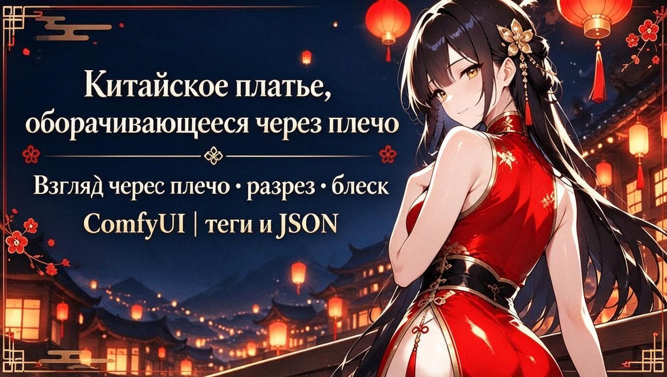 Персонаж в красном ципао оборачивается через плечо; на карточке указаны ComfyUI, теги и JSON для сцены.