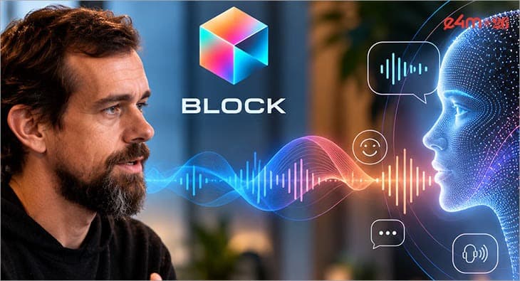Логотип Block, человек и цифровой профиль с аудиоволнами визуализируют голосовую модель Dessa.