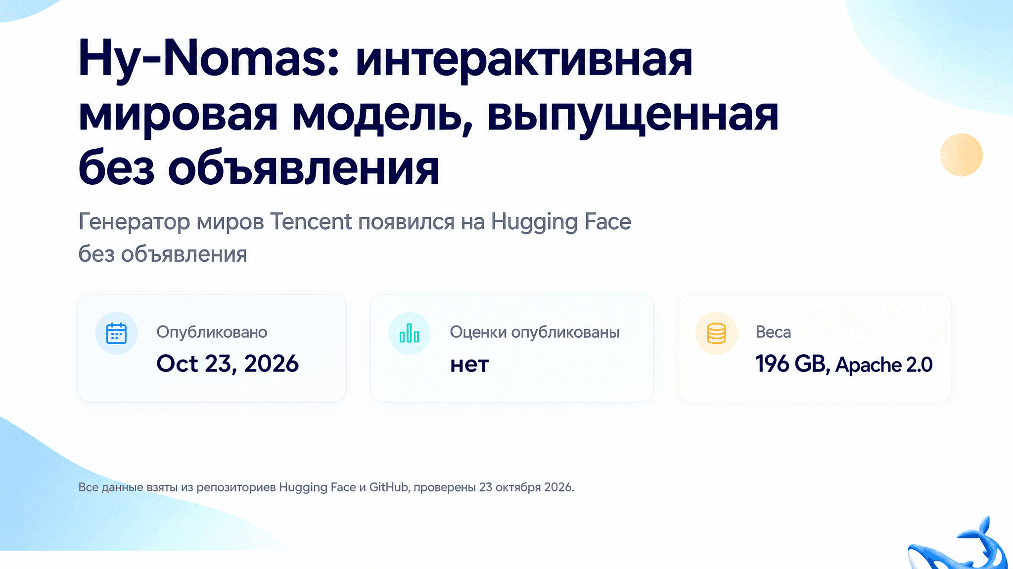 Карточка Hy-Nomas: модель Tencent опубликована на Hugging Face, оценки качества не указаны, а веса занимают 196 ГБ.
