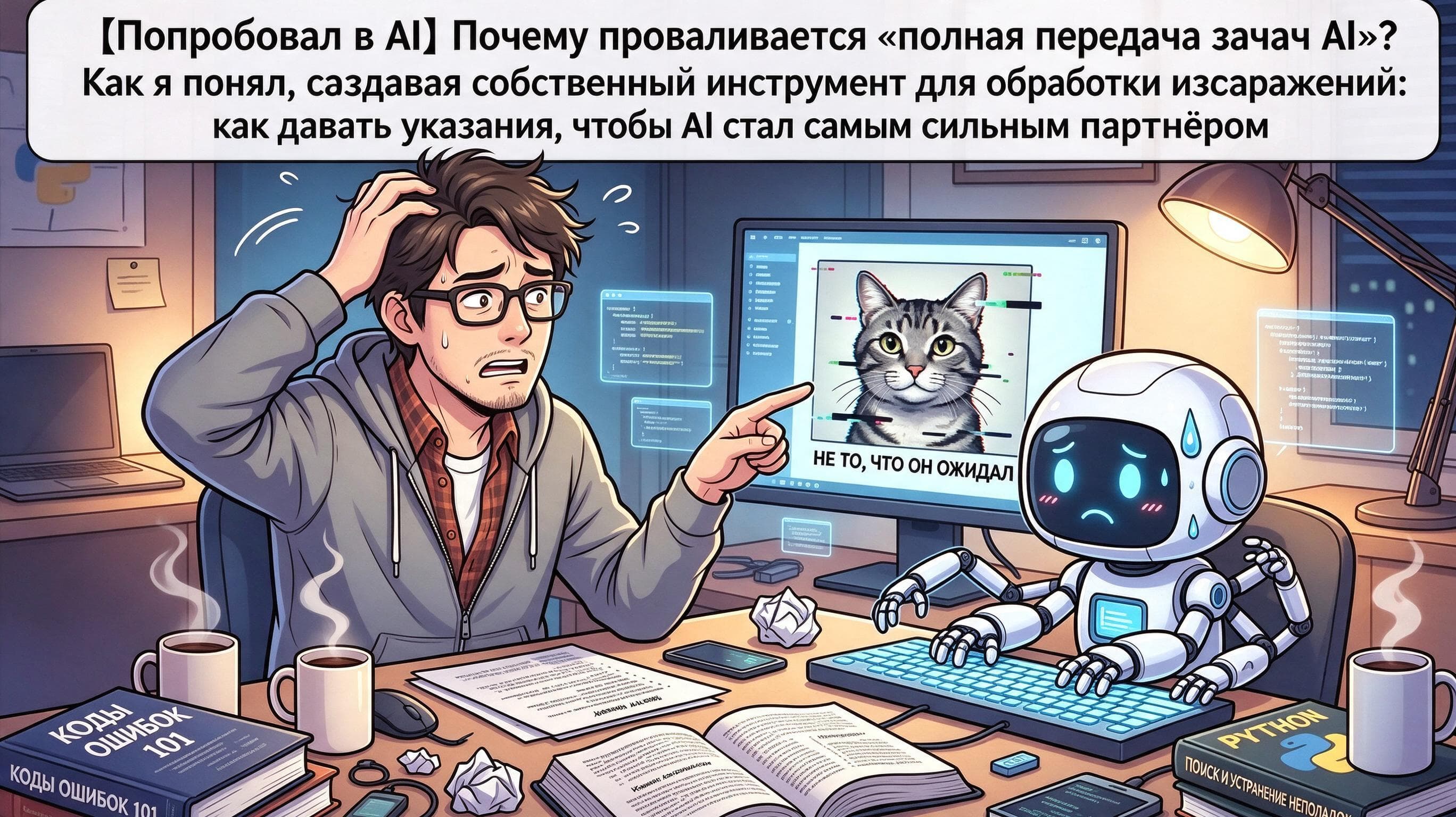 Сцена с пользователем и роботом у инструмента для редактирования изображений: на экране — неожиданный результат, подчёркивающий важность точных инструкций.