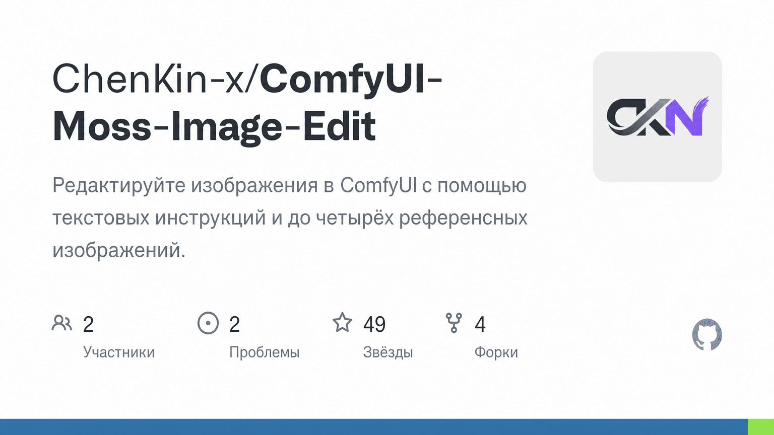 Страница репозитория ChenKin-x/ComfyUI-Moss-Image-Edit с описанием редактирования изображений в ComfyUI по текстовым инструкциям.