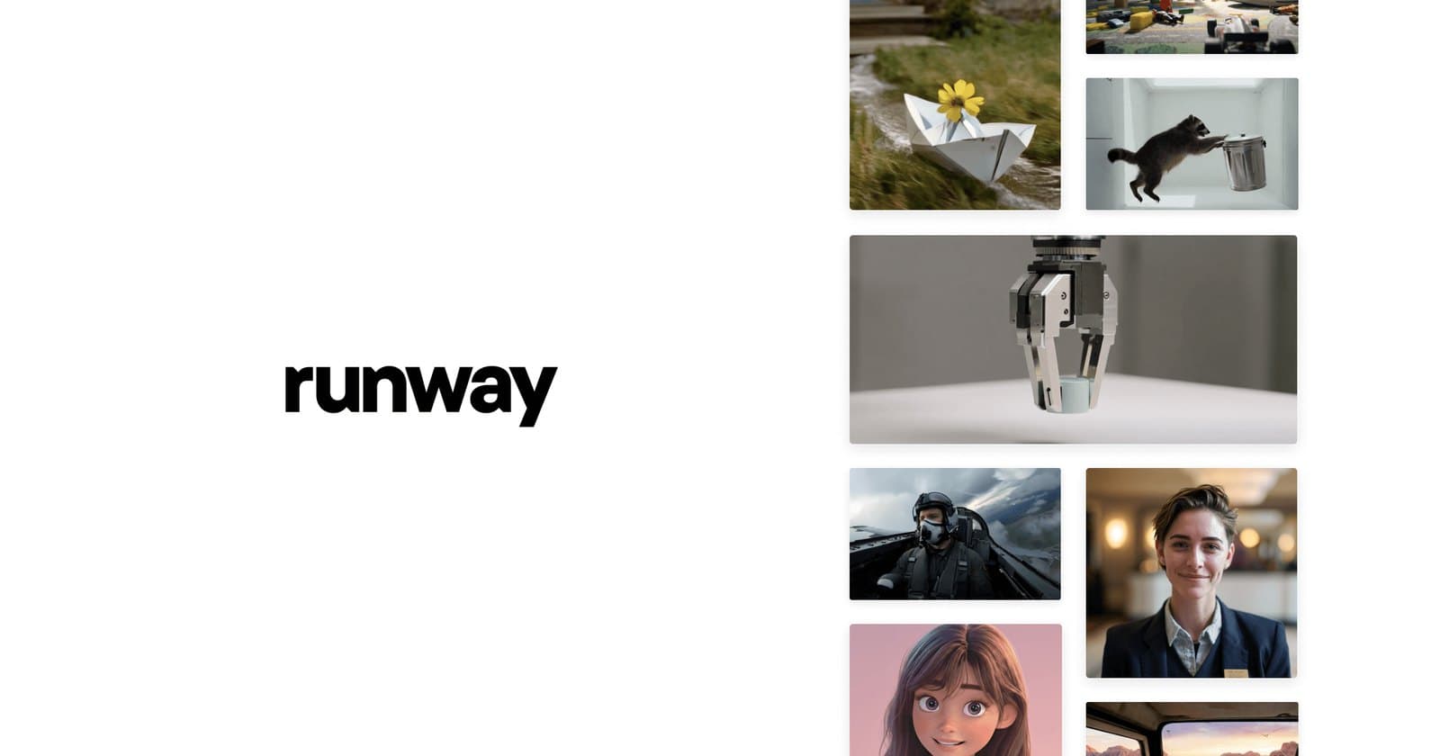 Логотип Runway рядом с подборкой изображений и сцен, созданных или обработанных с помощью платформы.