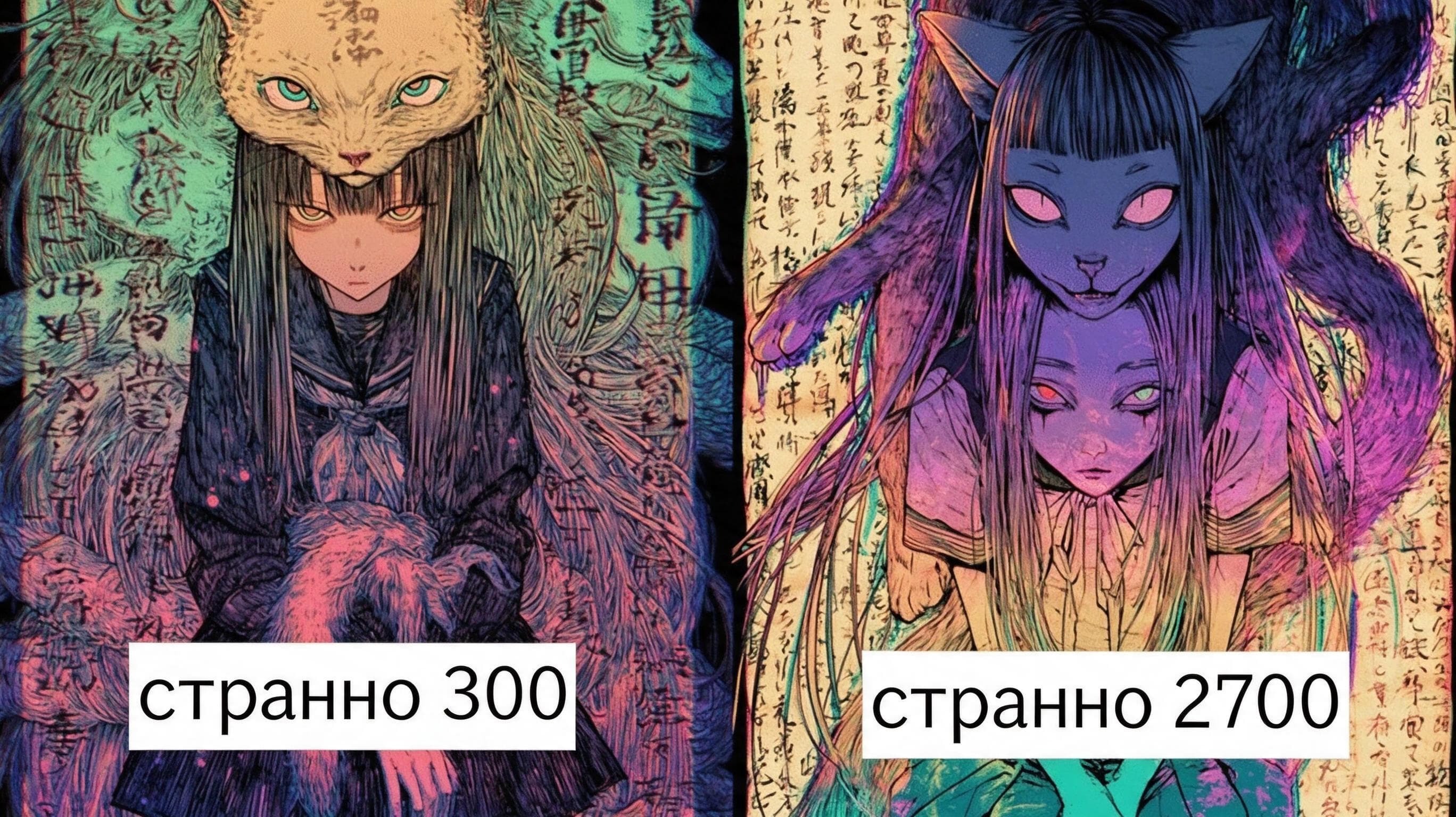 Сравнение двух вариантов старого арта в аниме-стилистике с параметрами weird 300 и weird 2700.