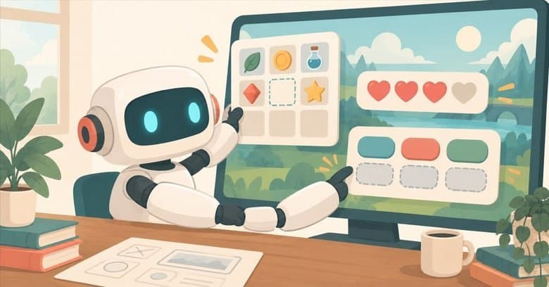 Игровой UI-мокап с индикатором здоровья, слотами инвентаря и кнопками на фоне игрового пейзажа.
