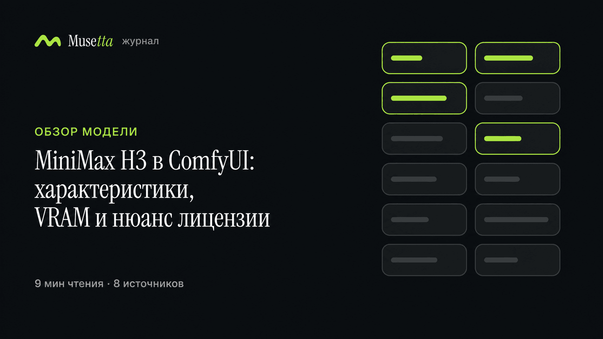Заголовок обзора MiniMax H3 в ComfyUI посвящён характеристикам, VRAM и лицензии модели из материала.