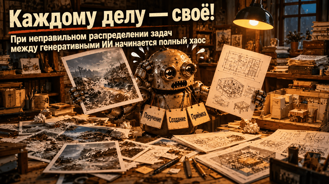Робот с кадрами и чертежами показывает хаос при распределении задач между генеративными ИИ — в тему путаницы ролей при создании фильма.