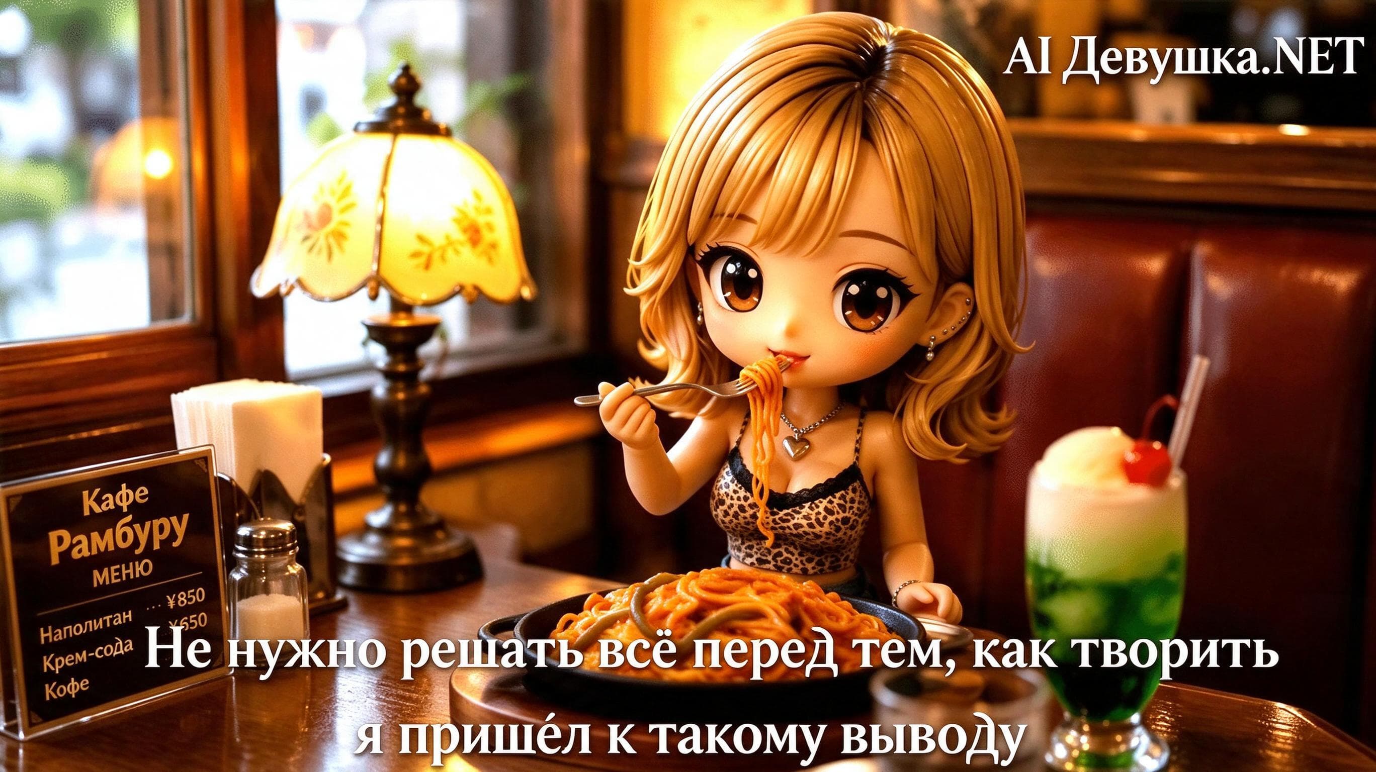 Сгенерированная AI嬢.NET сцена с аниме-девушкой в кафе — пример результата сервиса для создания промптов.