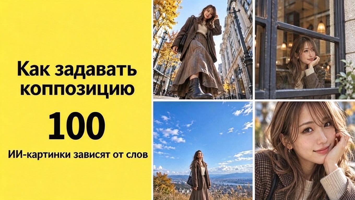 Коллаж из четырёх портретных кадров с разными ракурсами и размещением объекта — примеры схем композиции для ИИ-картинок.