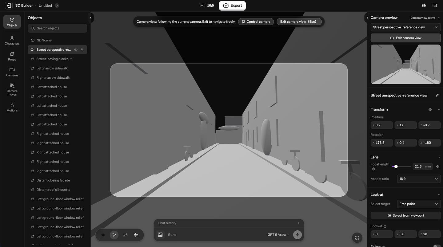 Интерфейс 3D Builder с серым 3D-макетом улицы, списком объектов и настройками камеры для расстановки сцены перед генерацией.