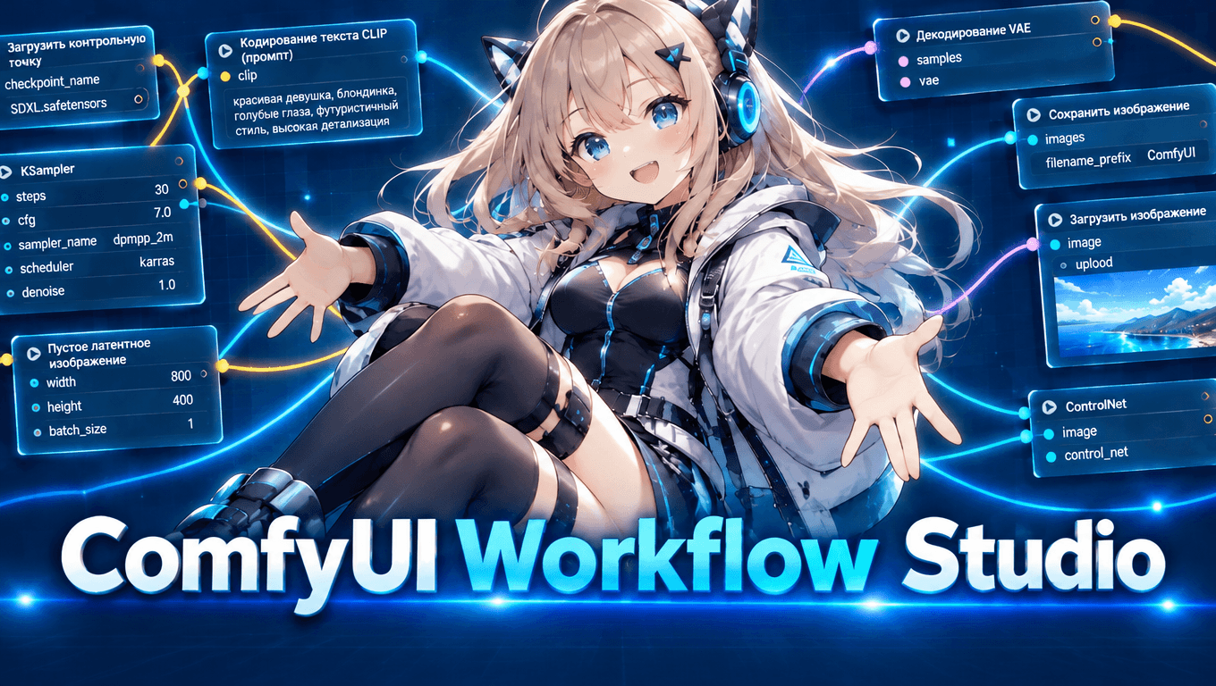Схема ComfyUI Workflow Studio с узлами загрузки модели, кодирования текста, декодирования VAE и сохранения изображения.