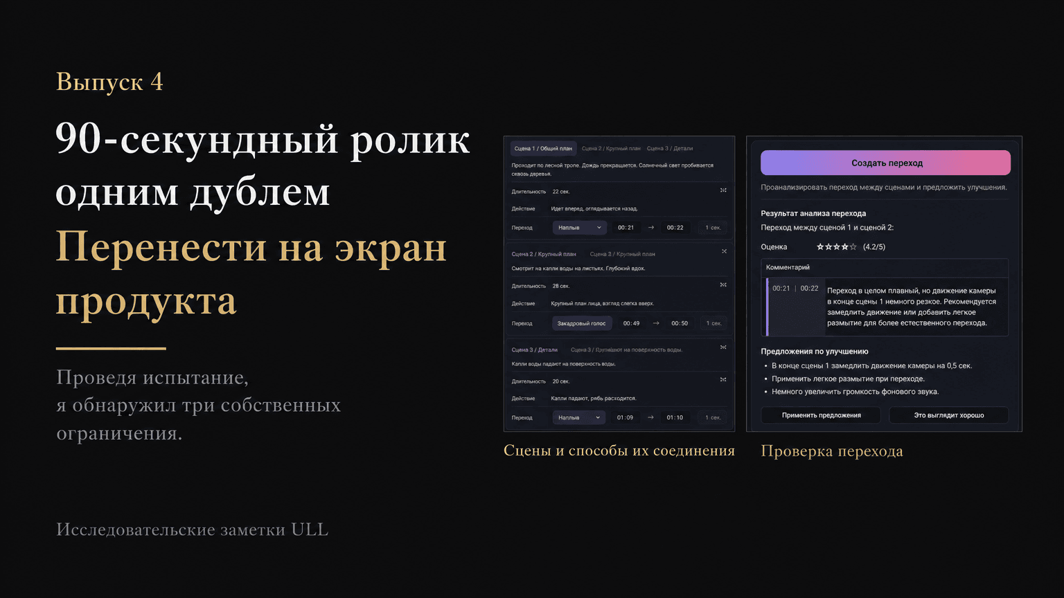 Слайд с интерфейсом сборки сцен и проверки переходов для 90-секундного ролика — в материале описана аналогичная функция Director.