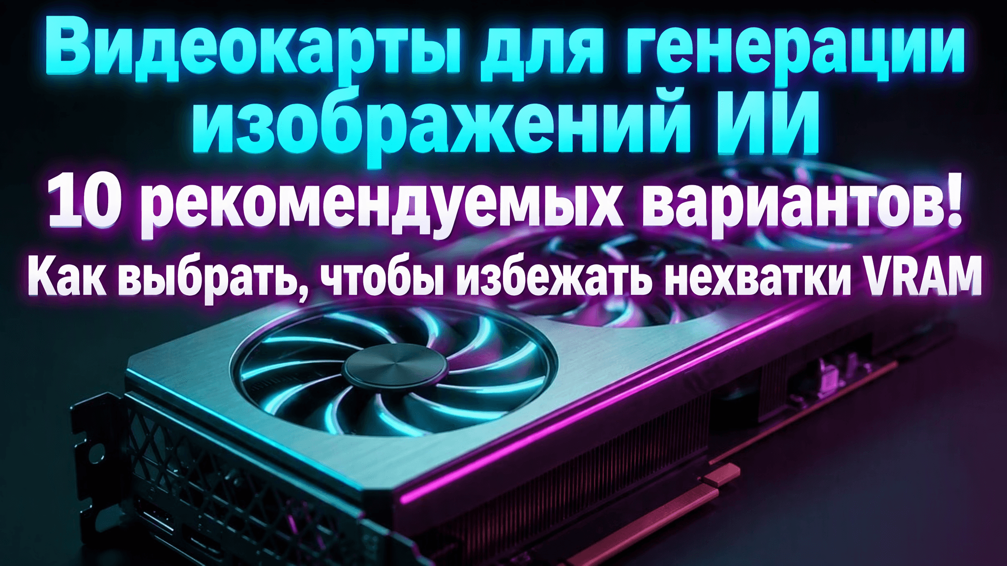 Видеокарта с подсветкой и японская надпись о выборе GPU для AI-генерации без нехватки VRAM — по теме материала о FLUX.1 и SDXL.