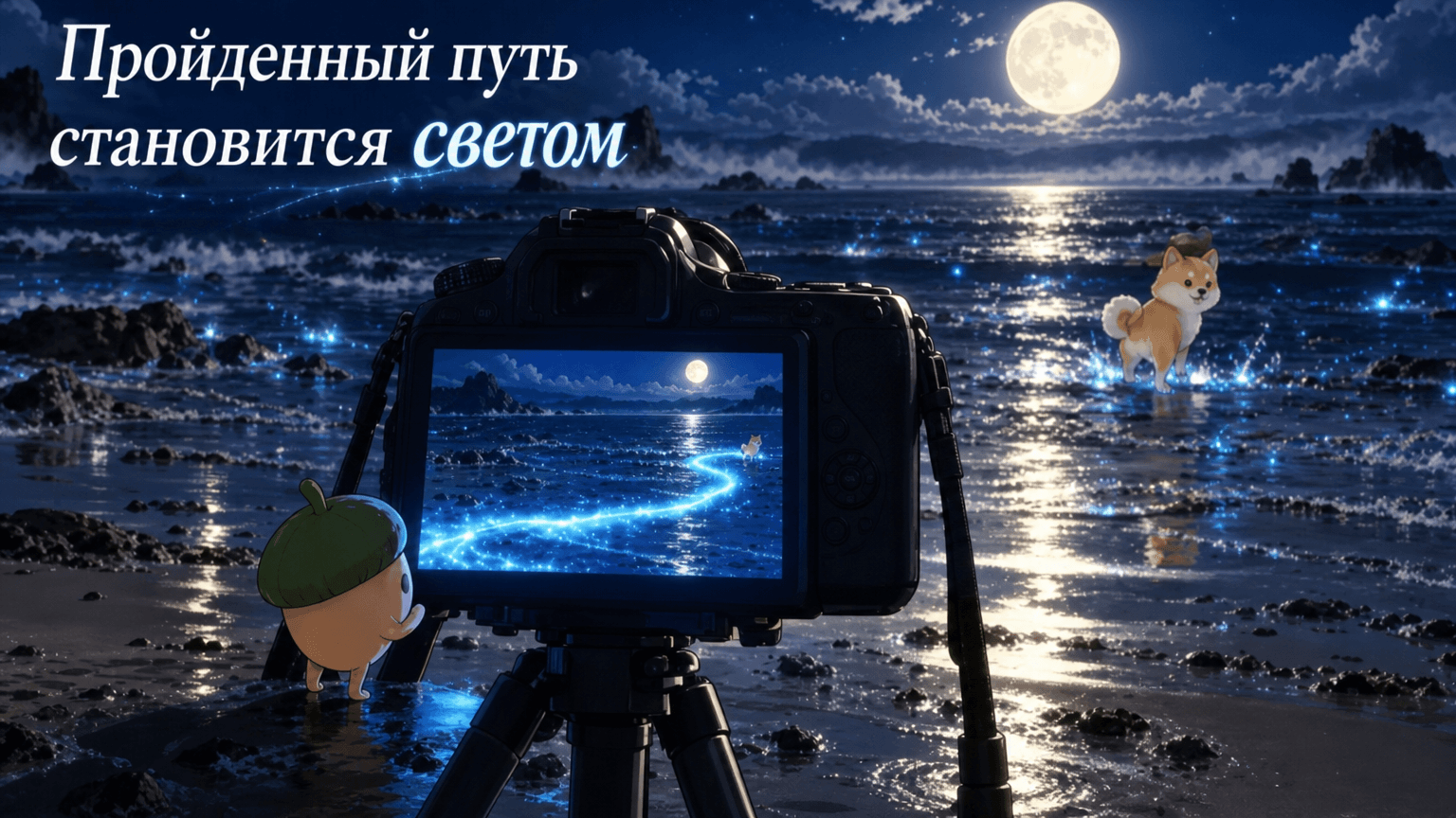 Собака бежит по ночному пляжу, оставляя за собой цельную синюю световую полосу.
