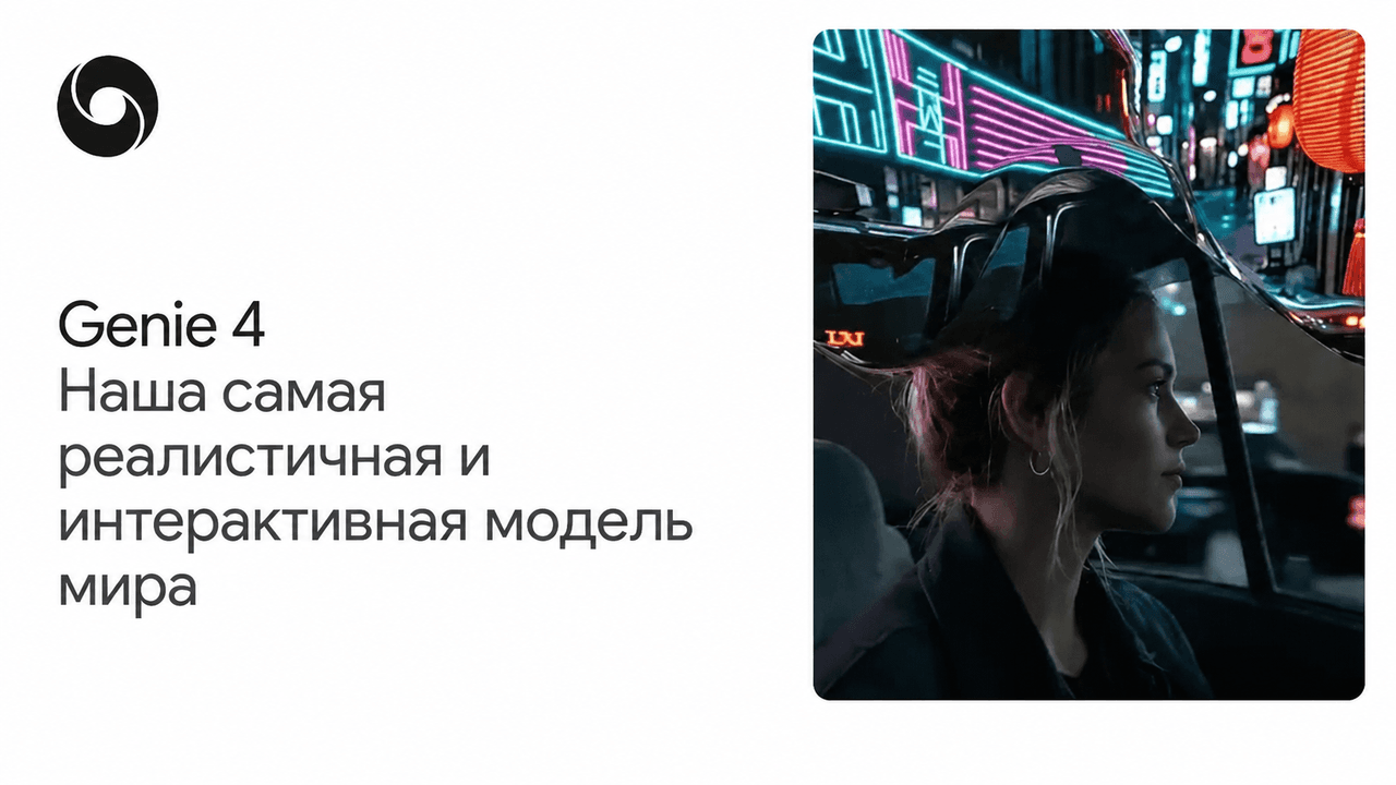 Слайд с названием Genie 4 и кадром реалистичного интерактивного городского мира.