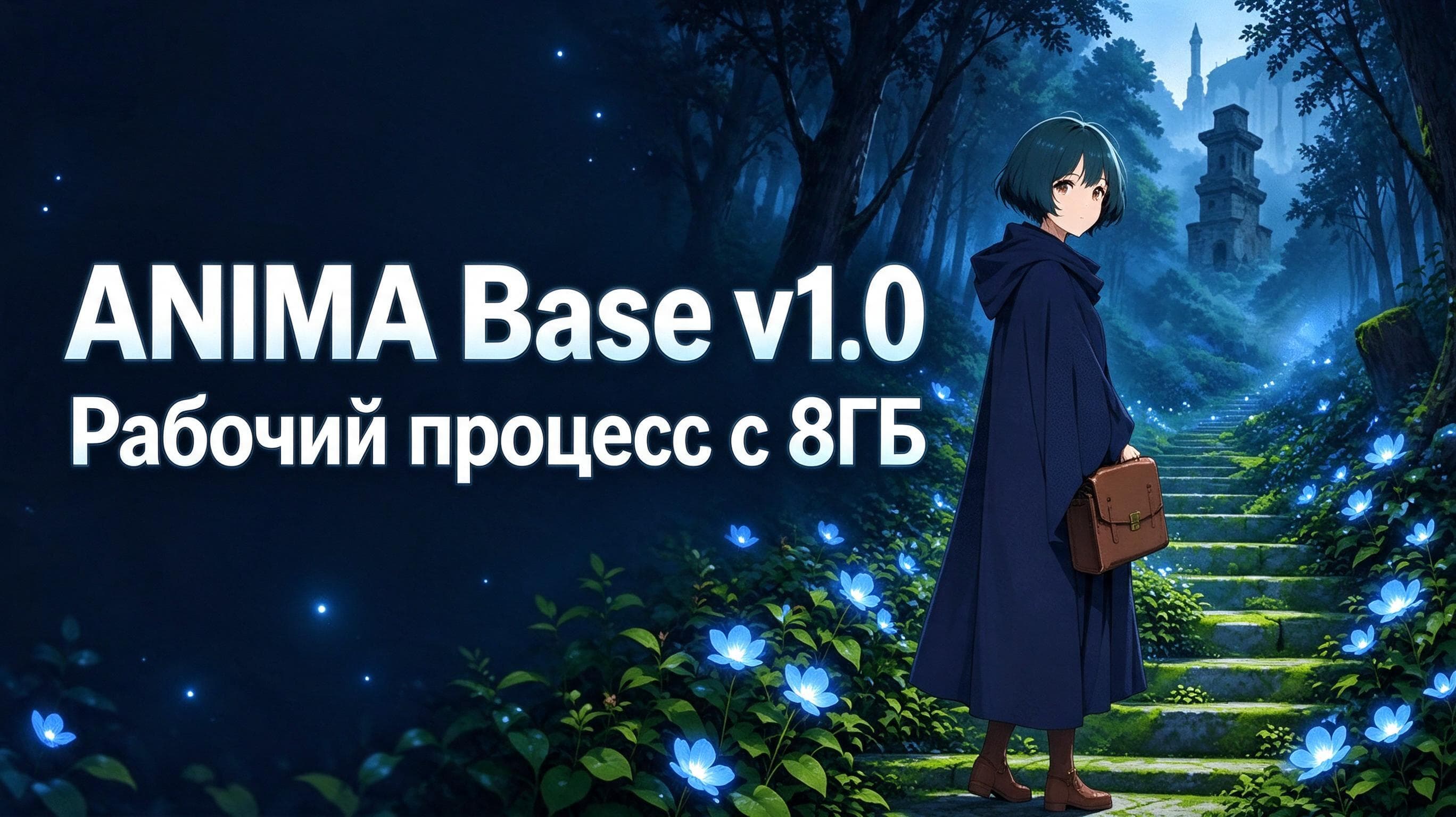 Титульный кадр ANIMA Base v1.0 с указанием запуска рабочего процесса на GPU с 8 ГБ памяти.