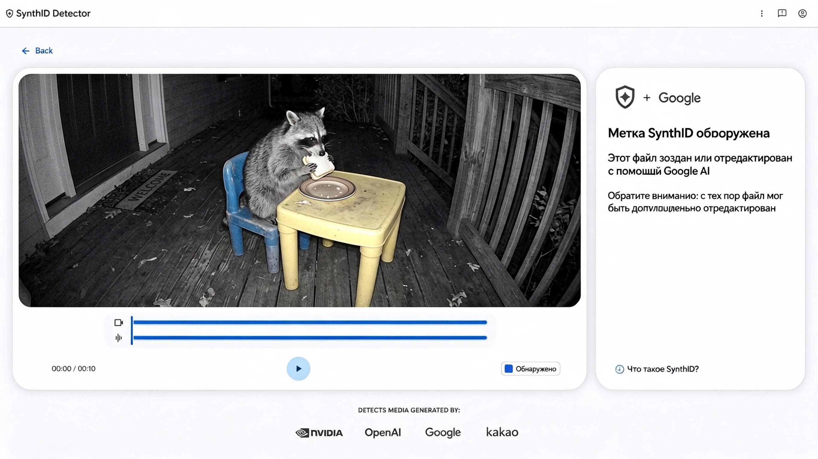 Интерфейс SynthID Detector показывает обнаруженную метку SynthID в видео с енотом и сообщает о создании или редактировании с помощью Google AI.