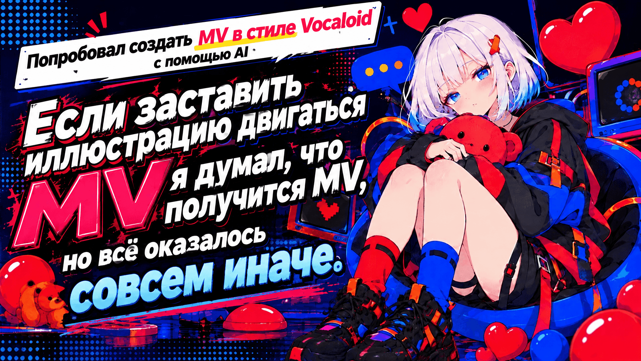 Аниме-иллюстрация для AI-клипа в стиле Vocaloid с акцентом на том, что одного движения картинки недостаточно для полноценного MV.