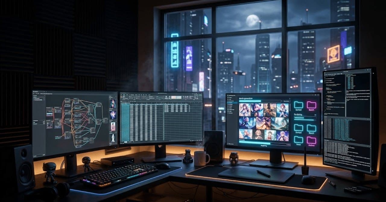 Автор показал ComfyUI с CSV для пакетной генерации 100 изображений