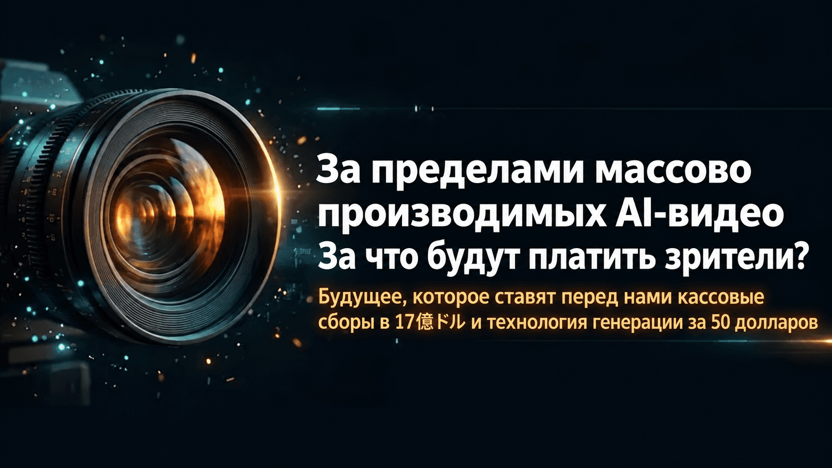 Крупный план объектива сопровождает японский заголовок о массовом производстве ИИ-видео и цене такой генерации.