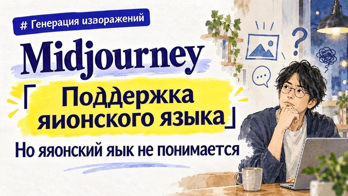 Обложка с надписью Midjourney и японскими фразами о поддержке японского языка, которая не означает понимание японских промптов.