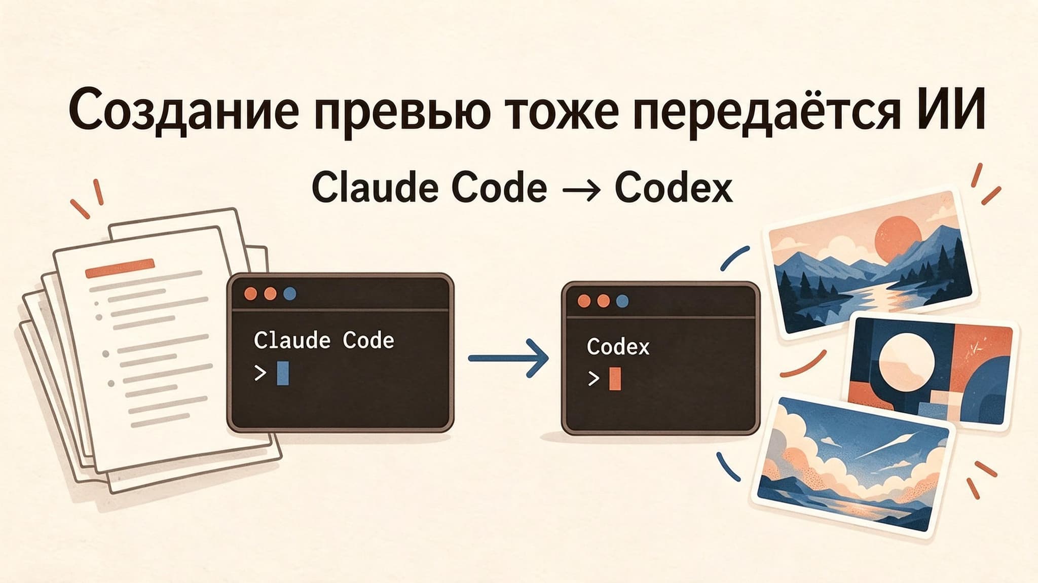 Схема связки Claude Code и Codex с примерами изображений, соответствующая описанию генерации обложки через подписку ChatGPT.