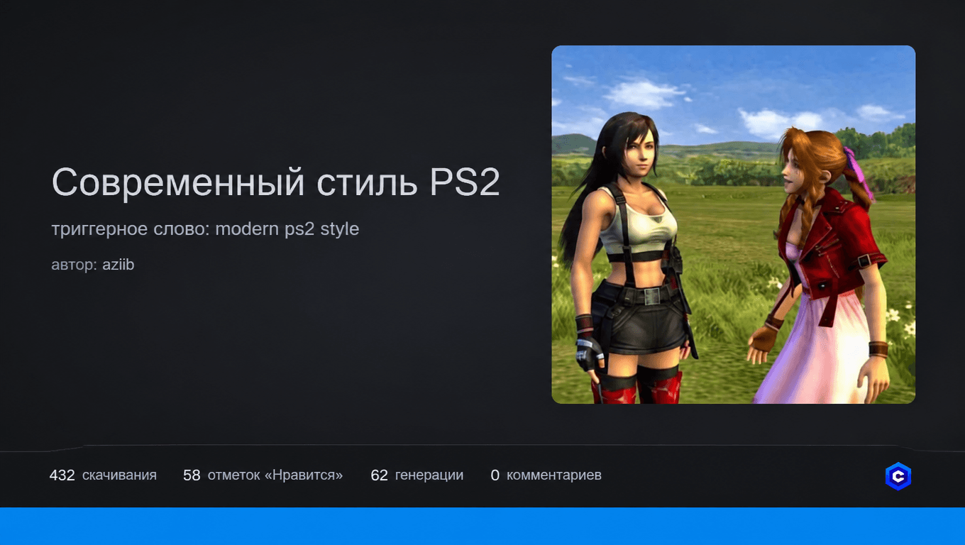 Страница LoRA Modern PS2 Style с примером кат-сцены и указанным триггером modern ps2 style.