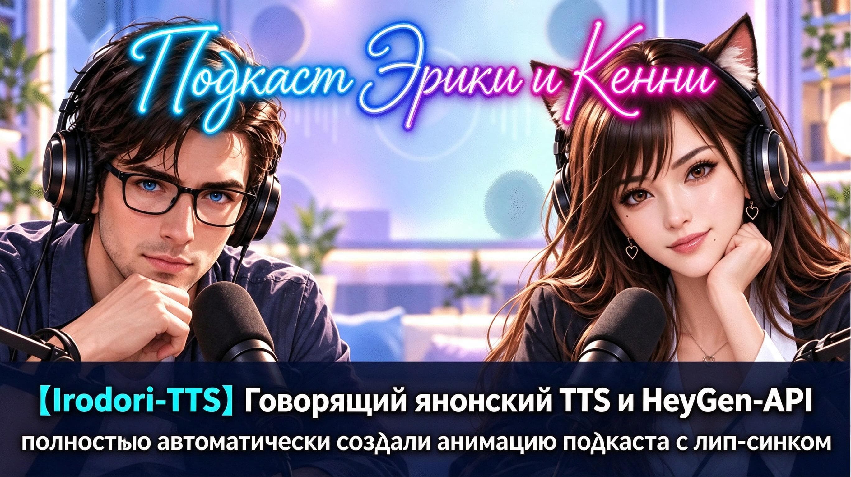 Обложка подкаста с двумя ведущими в наушниках и микрофонами; японская надпись упоминает Irodori-TTS, HeyGen API и автоматический липсинк.