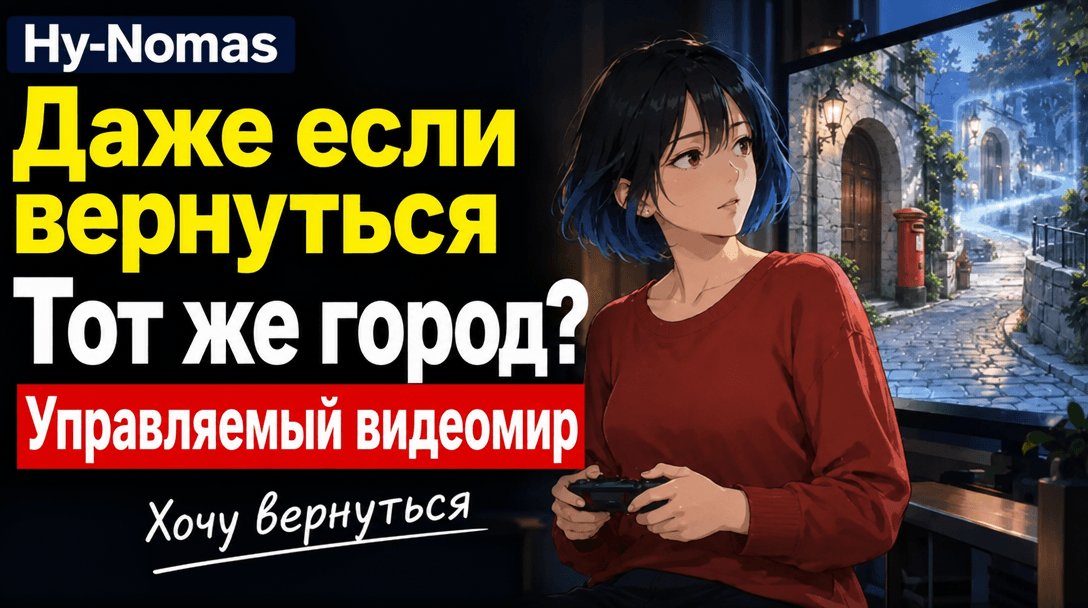Превью Hy-Nomas с героиней у окна и городским пейзажем подчёркивает задачу возврата в уже виденное место в генерируемом видео.