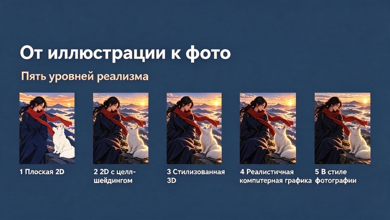 Один сюжет показан в пяти вариантах — от плоской 2D-иллюстрации до изображения в стиле фотографии.