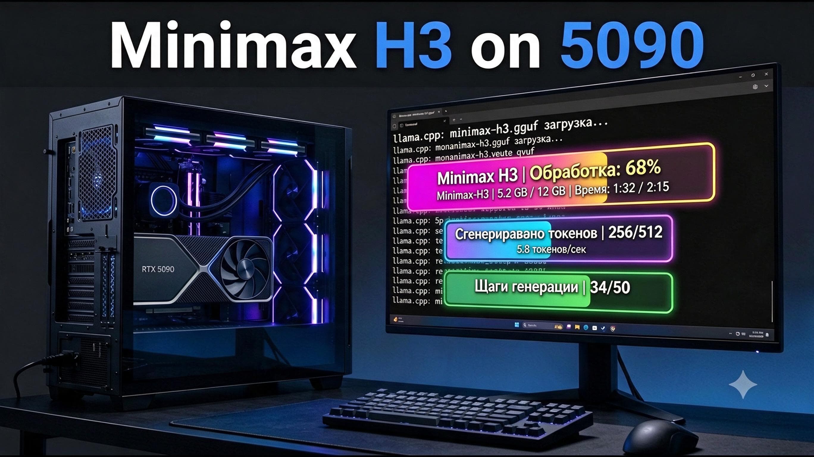 ПК с видеокартой RTX 5090 и монитором, где отображается процесс обработки MiniMax H3.