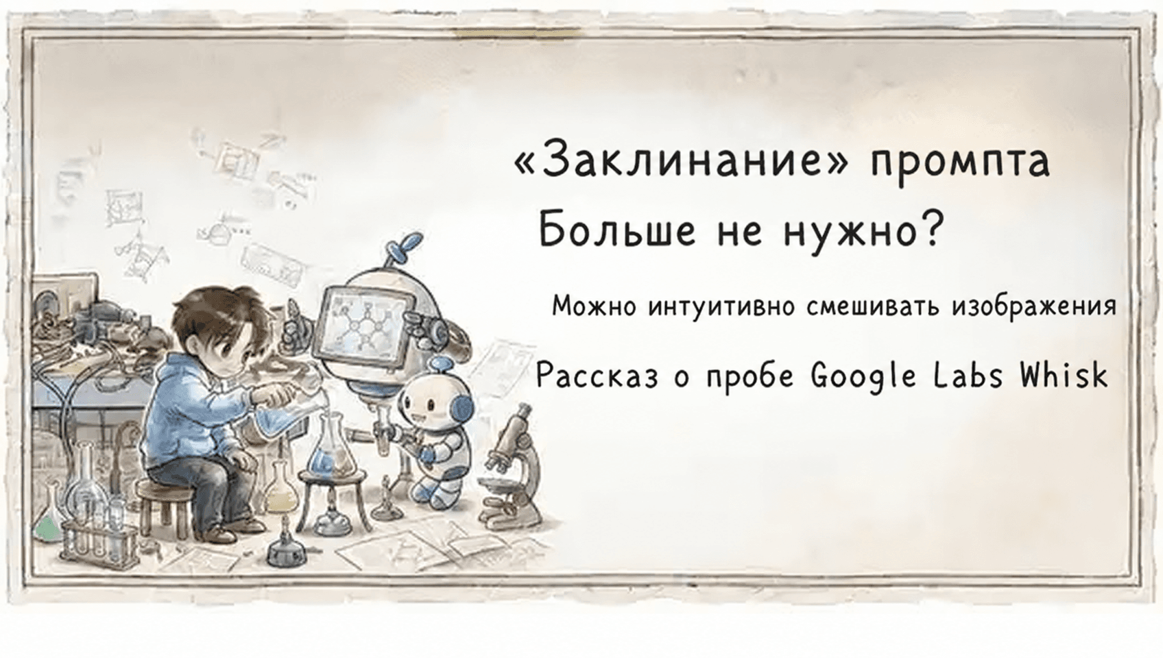Японская иллюстрация с упоминанием Google Labs Whisk и смешивания изображений по интуитивной схеме.