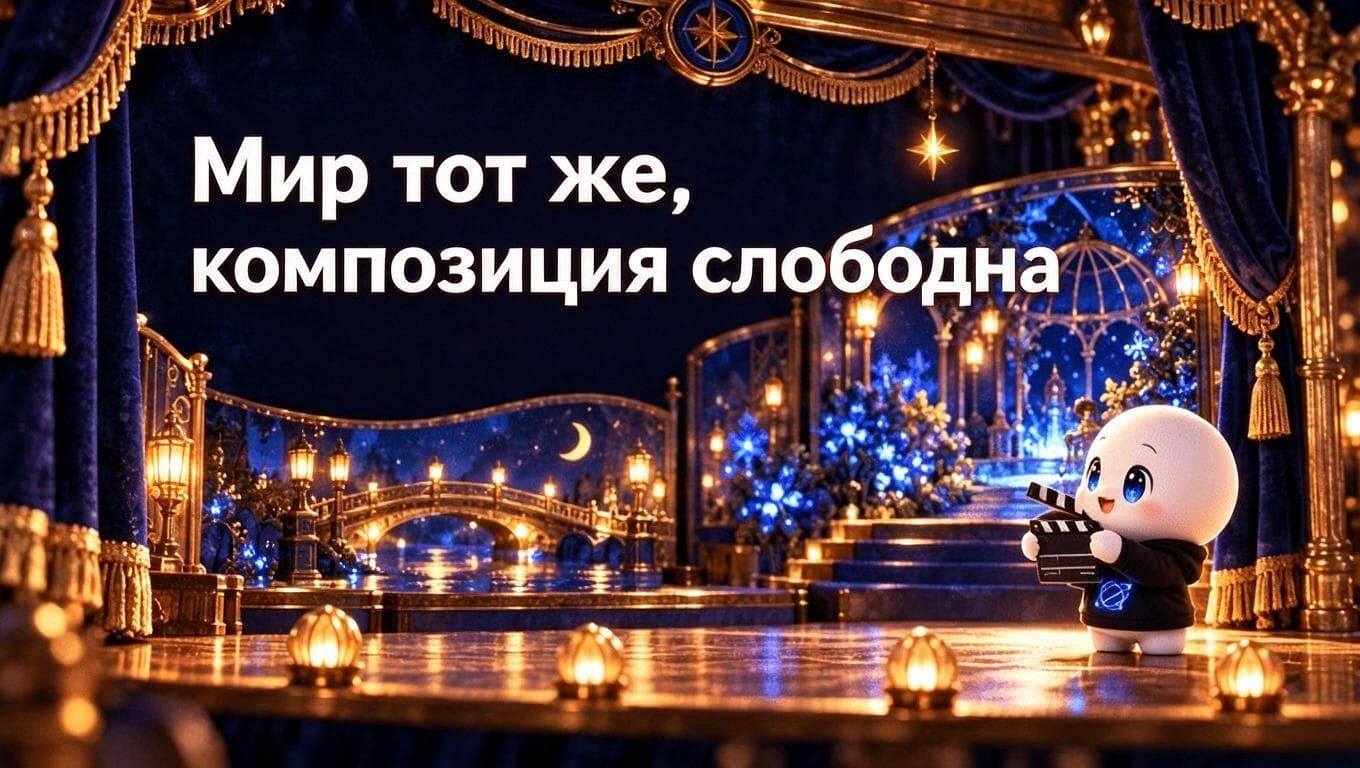 Стилизованный кадр с одним героем в роскошном театральном интерьере — пример сохранения атмосферы при генерации сцен.