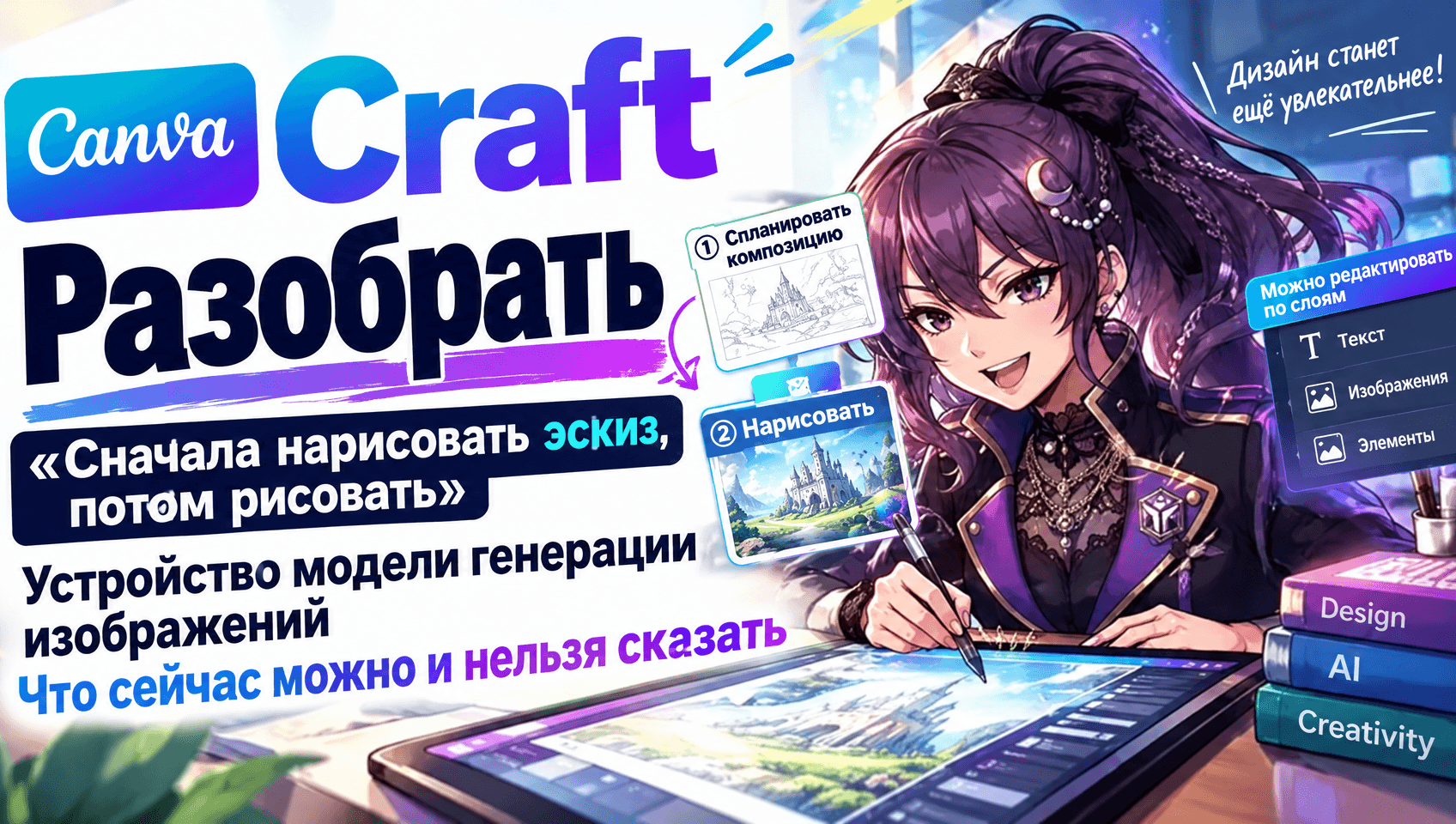 Обложка материала о Canva Craft: разработчица работает с макетом, рядом показаны этапы планирования композиции и рисования.