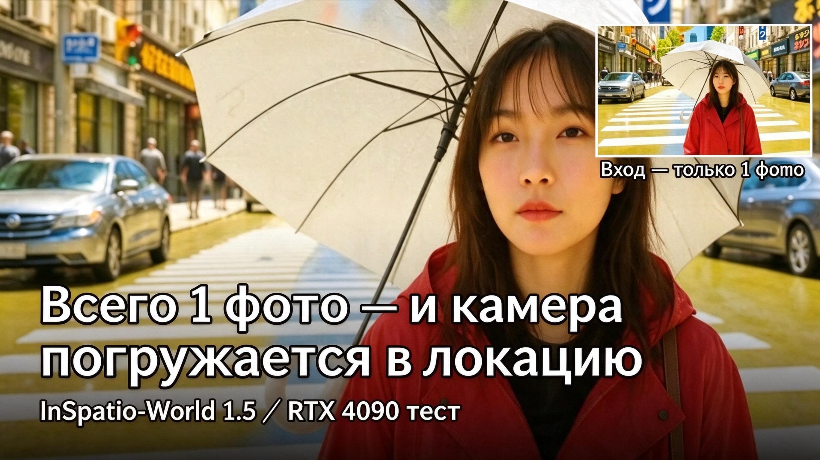 Кадр с девушкой под зонтом на городской улице — пример результата InSpatio-World 1.5, превращающей фото в видео с движением камеры.